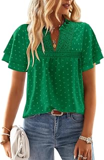 ONLYSHE Boho Tops for Women Short Sleeve Shirts Vneck Ruffle Flowy Womens Blouses Dressy Casual Lace Hem Clothing S-3XL