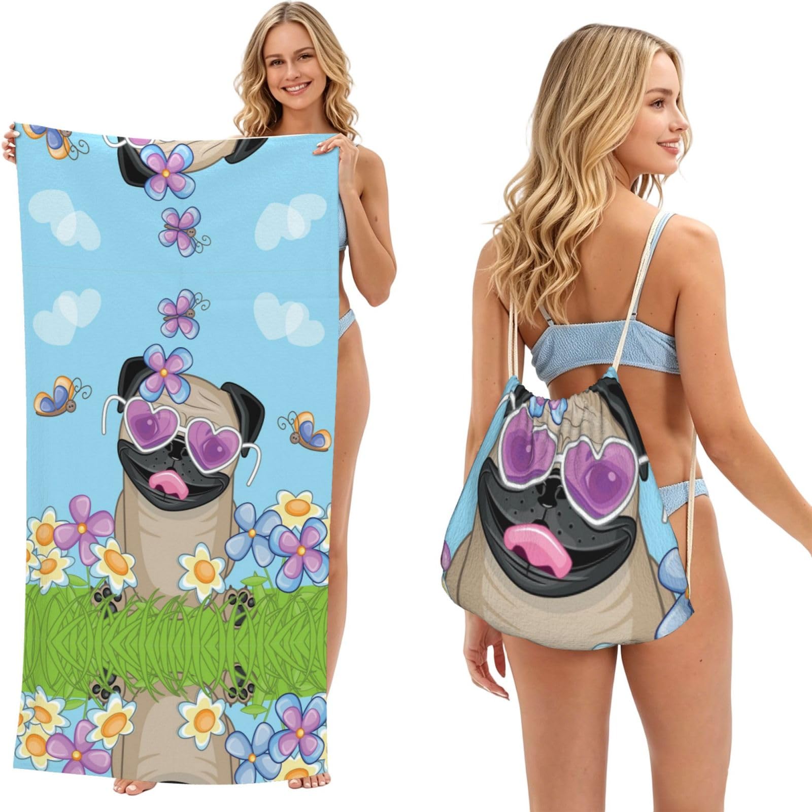 SATUSA Dog Print 2-In-1 Foldable Beach Towel Backpack â€“ Camping, Yoga And Travel,Bath Towel With Built-In Storage, Convertible Beach Mat & Carry Bag