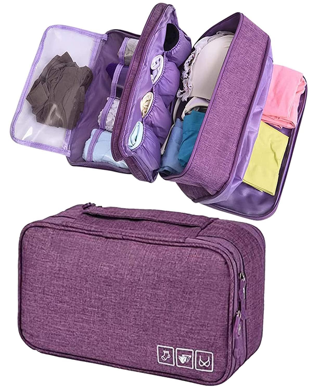 SHOP SIDES 3-Layer Lingerie Organizer Bag for Women – Waterproof Travel Underwear Storage Pouch for Bras, Panties, Socks & Toiletries | Portable Folding Travel Bag with Wet-Dry Compartment (Purple)