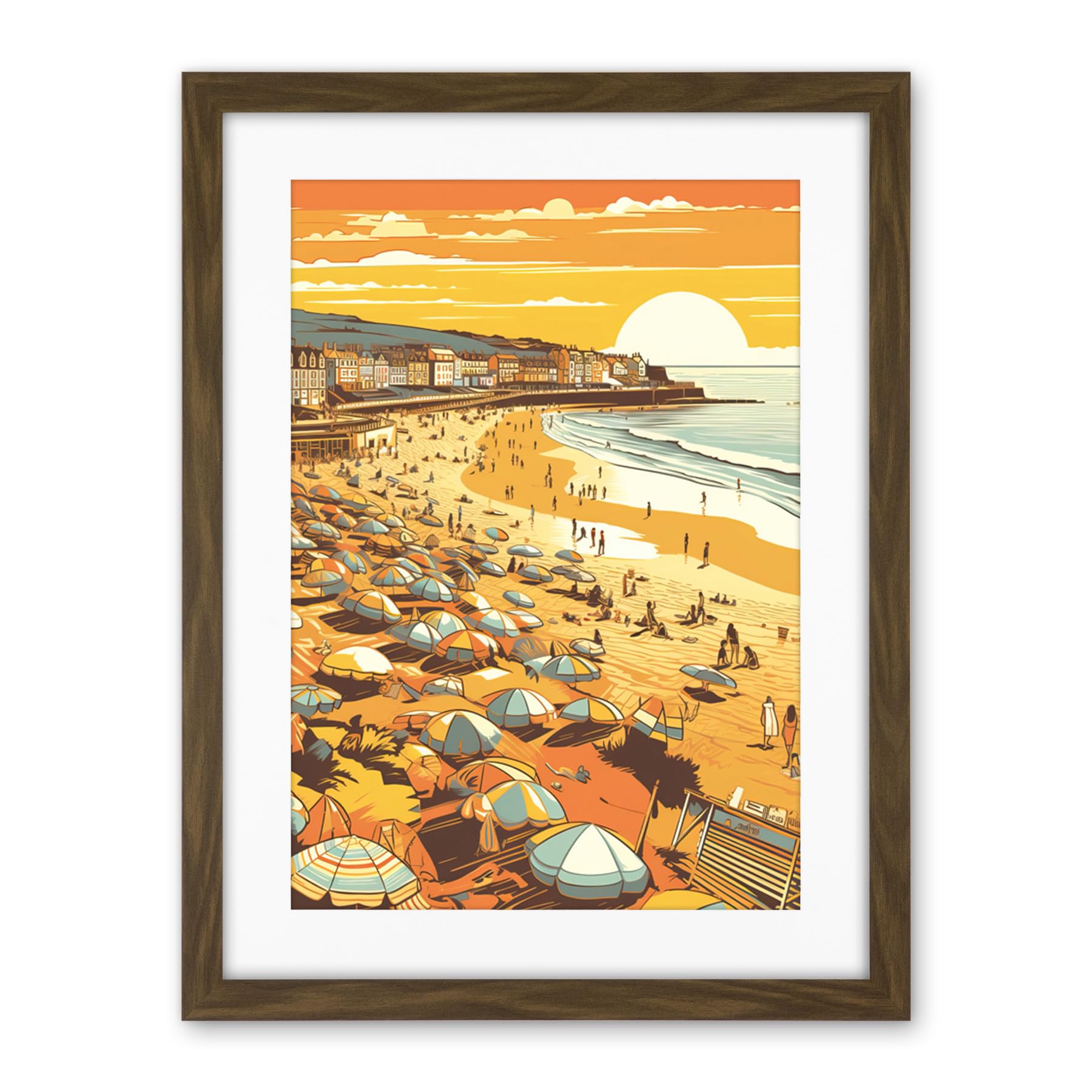 Artery8 Summer Sunset at Busy Sandy Promenade Beach Artwork Framed Wall Art Print 18X24 Inch