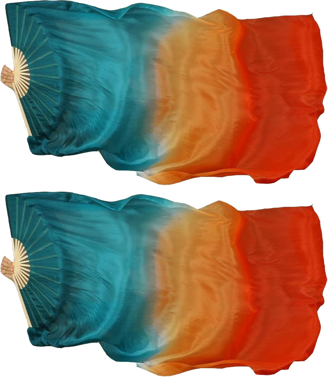 1 Pair(Left+Right) Belly Dance Faux Silk Veil Fans Gradient Color Bamboo Frame Folding Dance Fans Veil Performance (BlueOrangeRed)