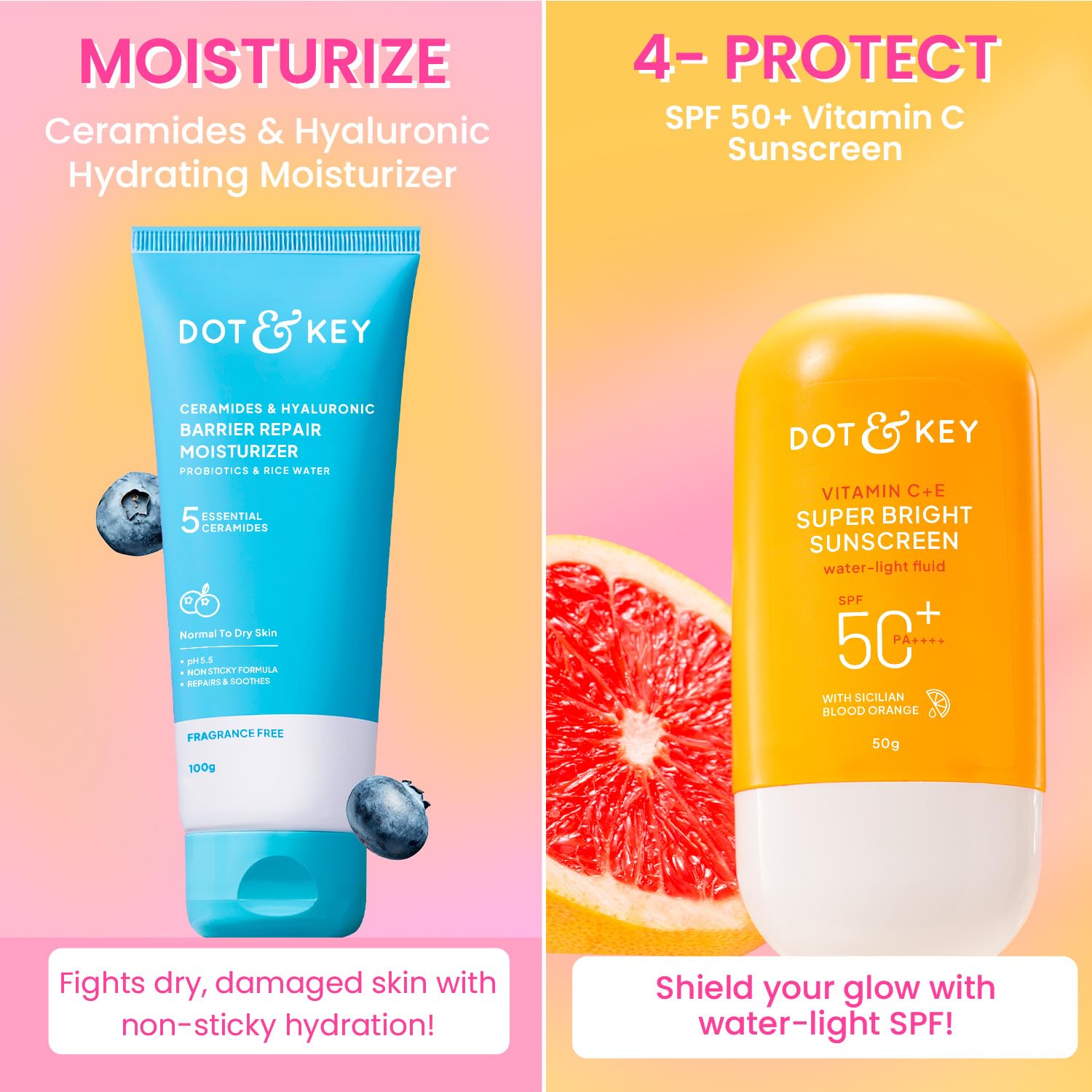 DOT & KEY Ceramides & Hyaluronic Skin Barrier Repair + Face Cream For Dry Skin-100G & Vitamin C+E Super Bright Sunscreen Spf 50 Pa+++ - 50G | For Men & Women, 1 Count 1
