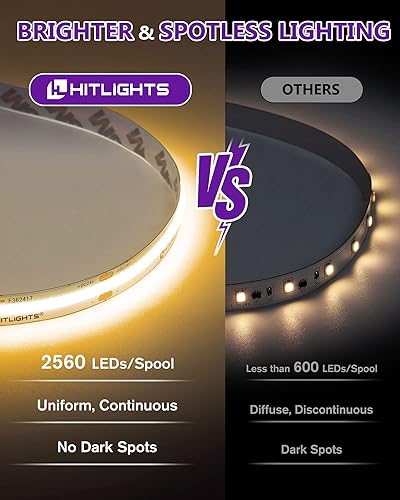 Miniatura 2 de HitLights Kit de tira de luces LED COB - Blanco cálido 3000K, 16.4 pies CC 24 V, 2560 LEDs de cinta listada UL, kit de conector de 2 pines de 0.394