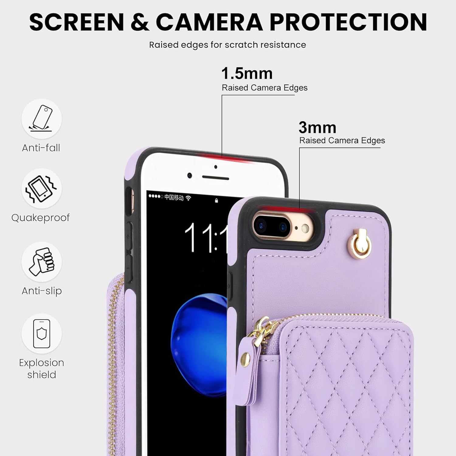 Phone Case for iPhone 7plus 8plus 7/8 Plus Wallet Cell Cover with Tempered Glass Screen Protector Wrist Crossbody Strap RFID Blocking Card Holder TPU i Phone7s 7s + 7+ 8s 8+ Phones8 7p 8p Women Purple