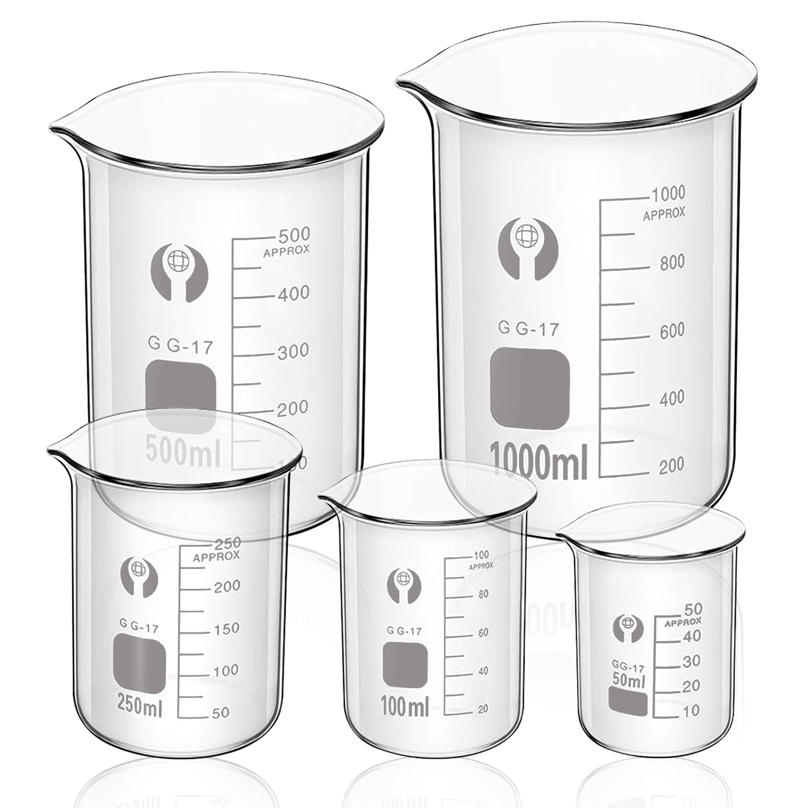 Glas Becherglas Set 50 ml 100 ml 250 ml 500 ml 1000 ml, 5er Set Abgestufter Messbecher, Borosilikatglas Glasbecher für Labor, Glasmessbecher-Set, für Labore, Klassenzimmer Heimgebrauch
