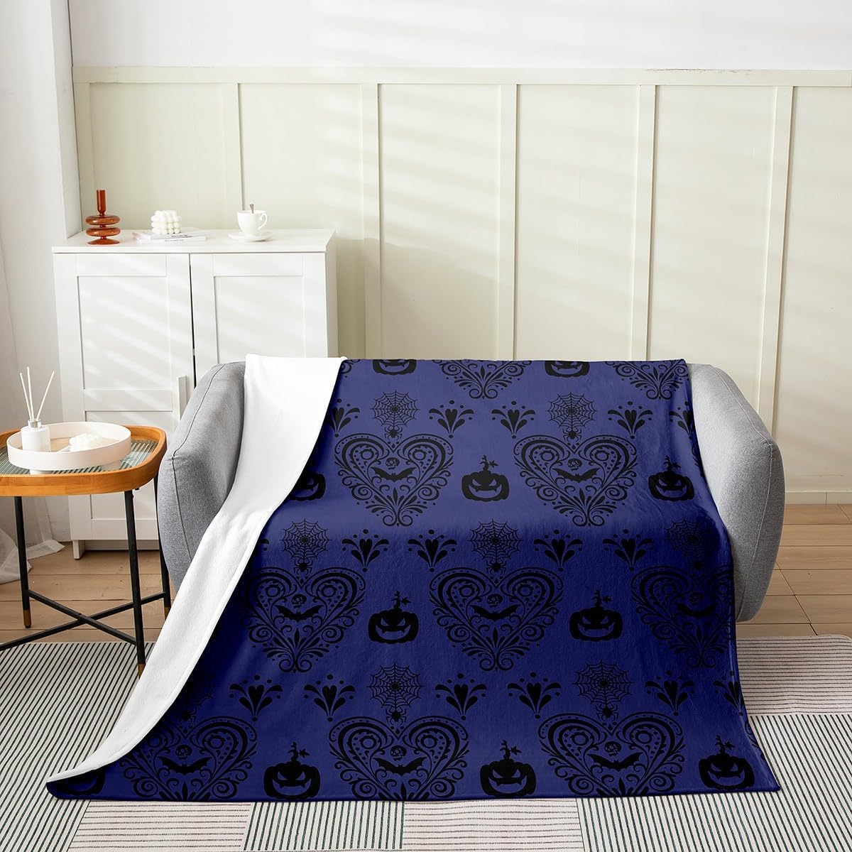 Halloween Fleece Blanket,Exotic Boho Swirl Heart Blue and Black Bed Blanket for Kids Teens,Mystic Pumpkin Bat Spider Web Graffiti Flannel Blanket for Room Decor,Queen 90"x90"