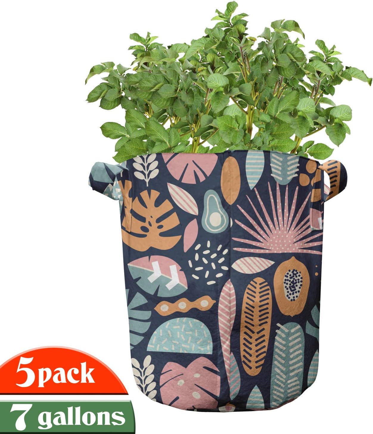 Ambesonne Tropical Grow Bags 5-Pack, Ornamental Jungle Elements, Heavyduty Fabric Pots with Handles for Plants, 7 Gallon, Multicolor