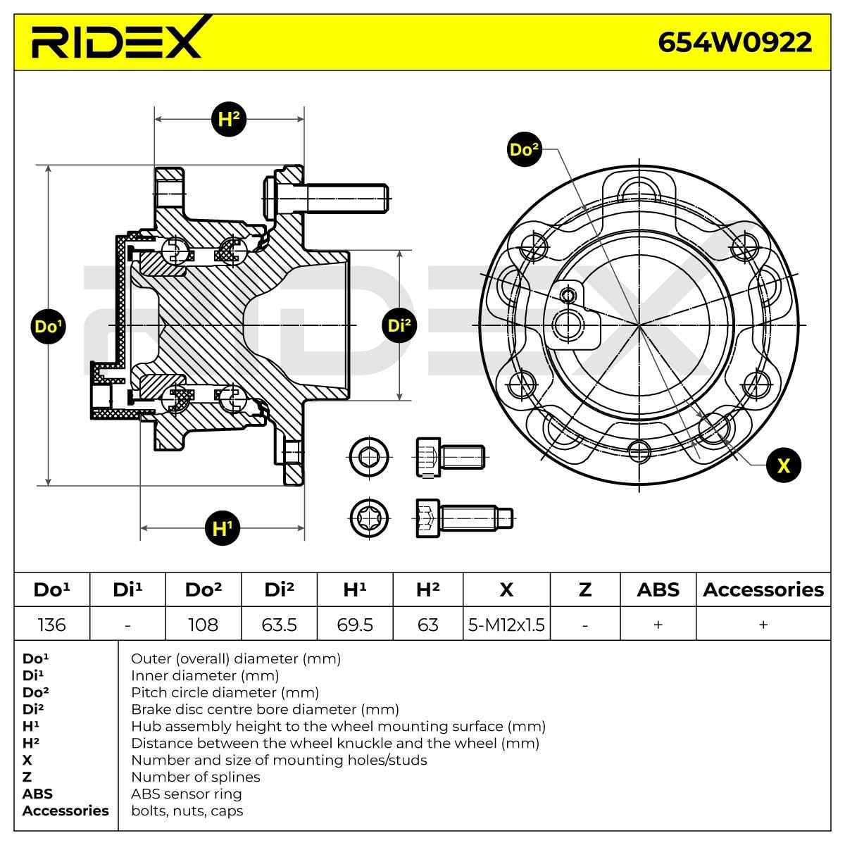 RIDEX 654W0922 Kit cuscinetto ruota con cuscinetto ruota integrato con anello sensore magnetico integrato Compatibilità con VOLVO V40 Hatchback 525, 526