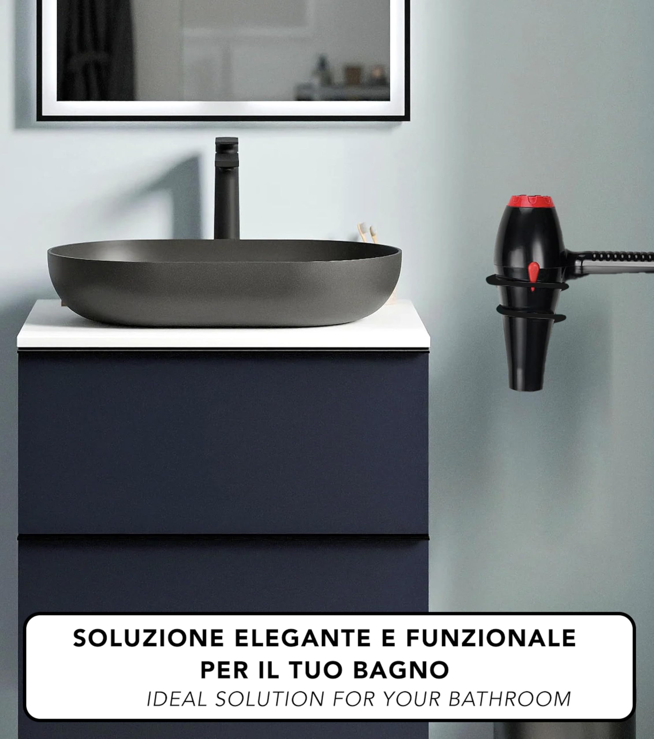 IPEA Porta Asciugacapelli Autodesivo da Parete - NON NECESSITA FORATURA - Design Moderno - Elegante Porta Phon Adesivo da Muro per Phon da Incollare in Bagno e Casa - Supporto