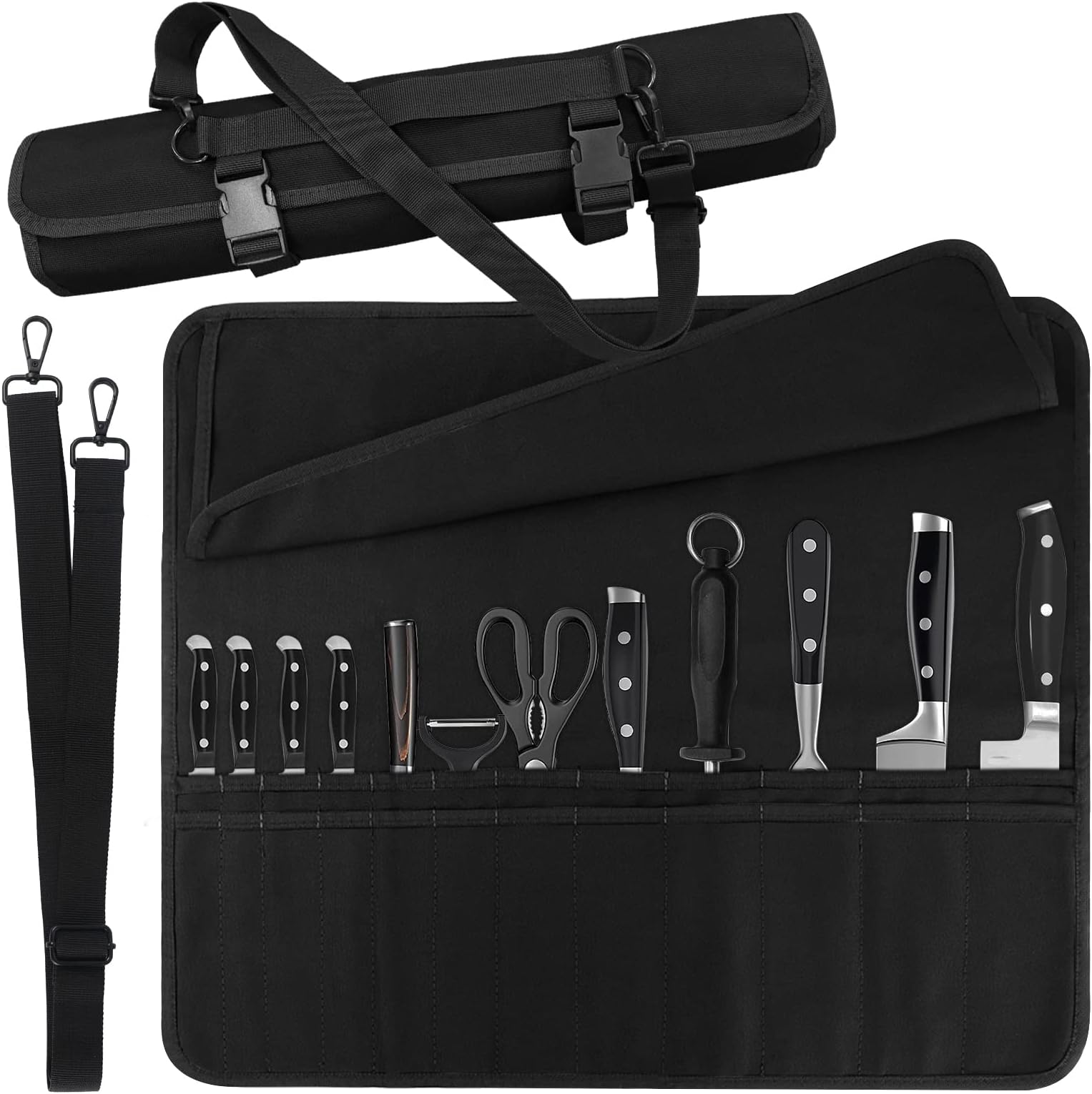 Chef Knife Bag With 24 Slots Cutlery Knives Holders Protectors, Kitchen Travel Cooking Tools, Portable Canvas Knife Roll Storage Bag Chef Case for Camping or Working with an Adjustable Shoulder Strap
