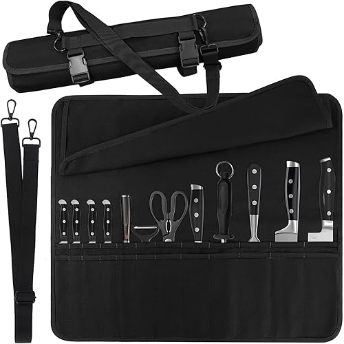 Chef Knife Bag With 24 Slots Cutlery Knives Holders Protectors, Kitchen Travel Cooking Tools, Portable Canvas Knife Roll Storage Bag Chef Case for Camping or Working with an Adjustable Shoulder Strap
