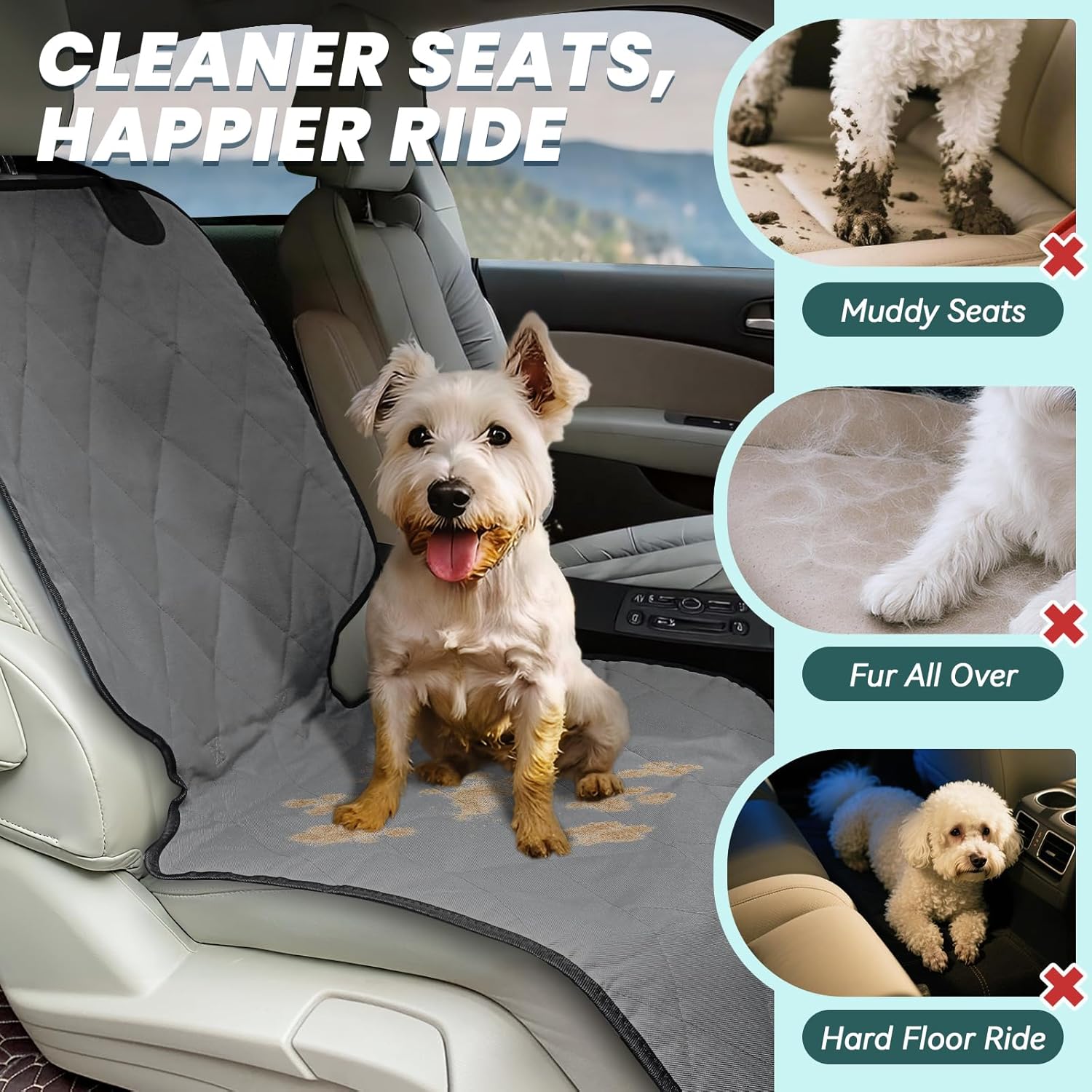 VIVAGLORY Dog Seat Belt + Front Dog Seat Covers, Heavy Duty Steel Rope, with Anti-Slip Backing for Most Cars