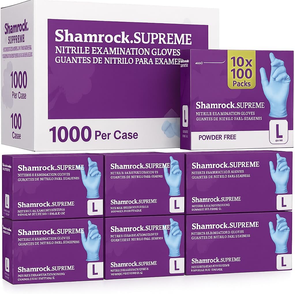 Shamrock Supreme Nitrile Gloves | Powder-Free, Latex-Free, Disposable, Size Large | Case of 10 Boxes (1,000 Gloves)
