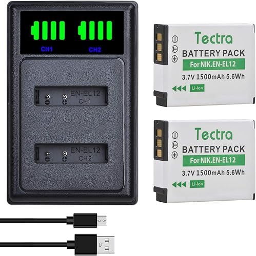 Tectra 2 baterías EN-EL12 de alta capacidad y cargador dual LED para Nikon Coolpix AW100 AW110 AW120 AW130 A1000 B600 W300 A900 S6300 S8100 S8200