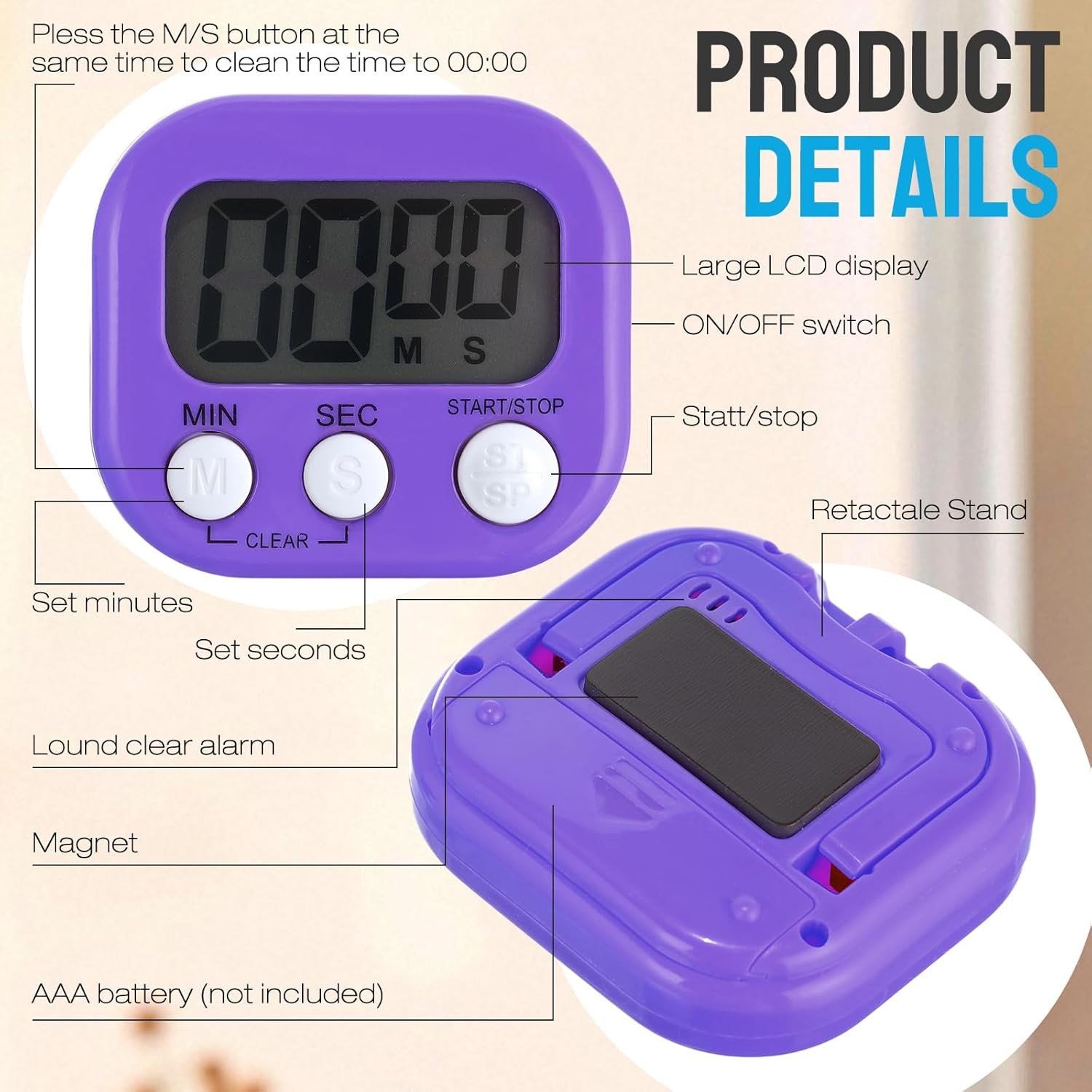 Leumoi 24 Packs Small Digital Kitchen Timer with lanyards Magnetic Back and Switch Minute Second Count up Countdown Big LCD Display Loud Alarm for Teacher Cooking Baking, Colorful