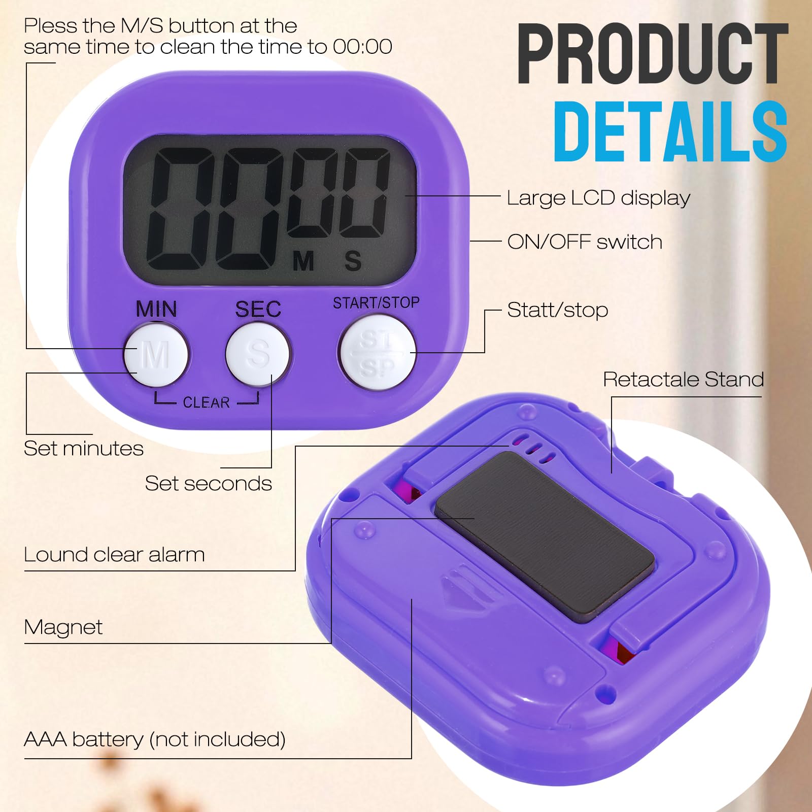 Leumoi Mały cyfrowy zegar kuchenny ze smyczami, magnetyczny tył i przełącznik, minuta, sekunda, odliczanie, duży wyświetlacz LCD, głośny alarm dla nauczyciela, gotowania, pieczenia, kolorowy