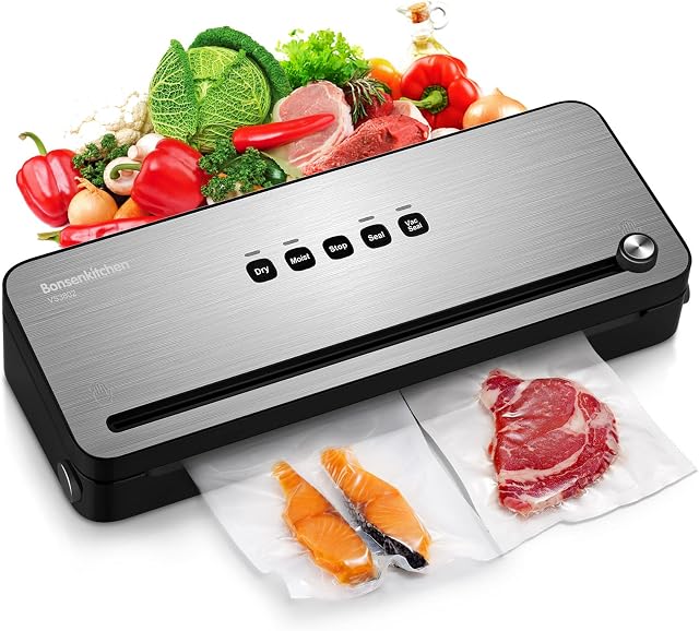 Bonsenkitchen Vacuum Sealer with Built-in Cutter & Roll Bag Storage, Lightweight for Dry and Moist Food Fresh Preservation, Vacuum Roll Bags & Hose Included, VS3802 (Black)