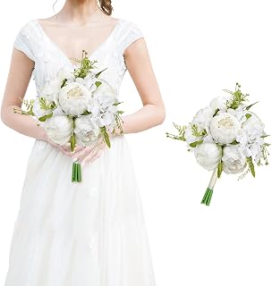 White Bridesmaid Bouquet for Wedding, an Artificial Silk Peonies Flowers Bouquet for Marriage Decorations