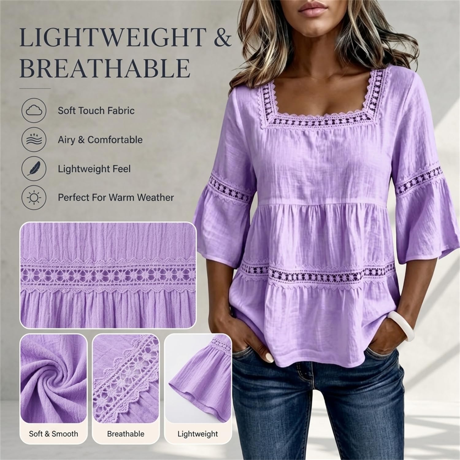 Blusa Lisa de Manga Tres Cuartos con Cuello Cuadrado y Ribete de Encaje de | Blusa bohemia de lino para mujer, blusa babydoll peplum con encaje y mangas tres cuartos