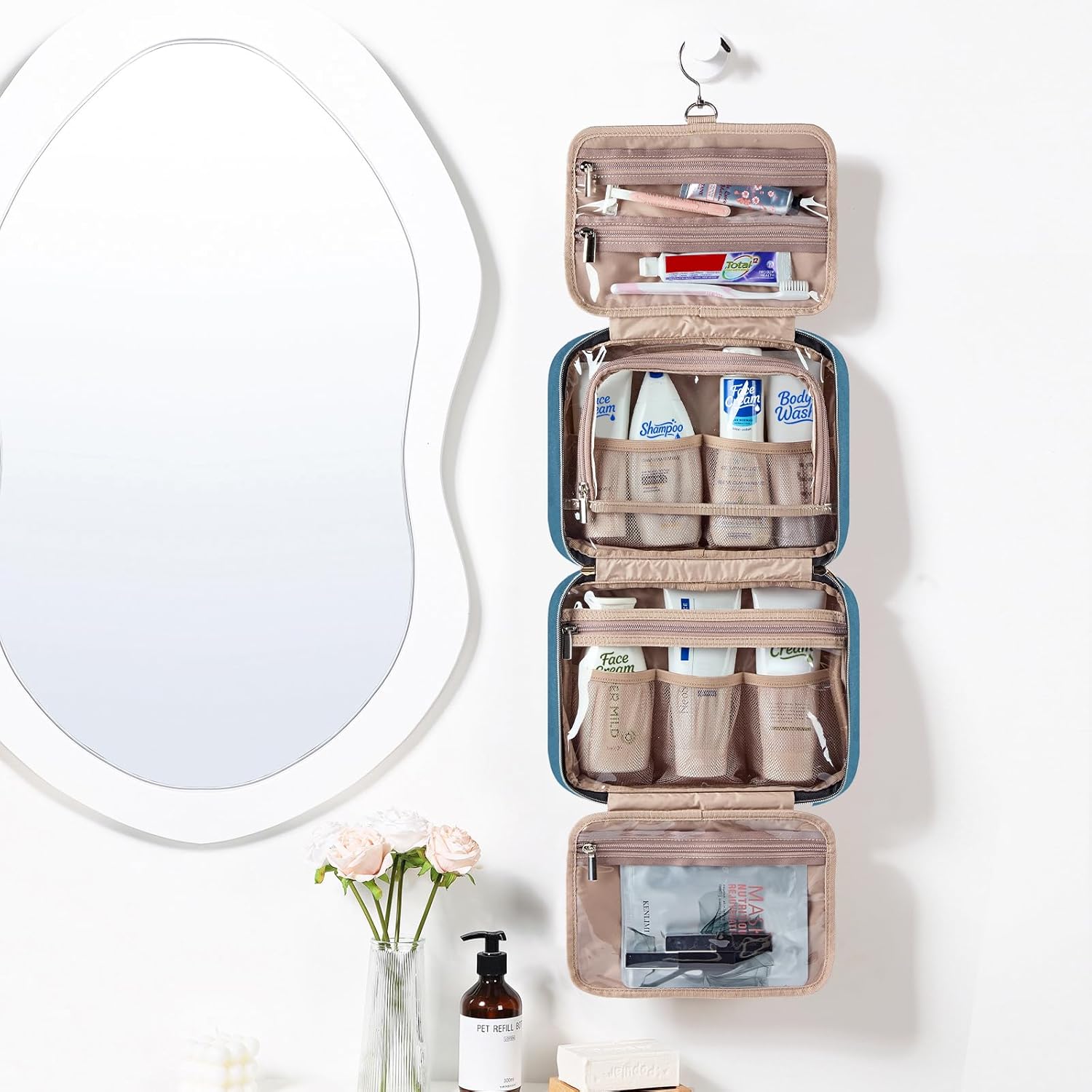 NISHEL Travel Toiletry Bag for women, Portable Hanging Organizer for Travel-Sized Shampoo, Conditioner, Brushes Set, Makeup Accessories, Medium Size, Lake-Blue - Image 2