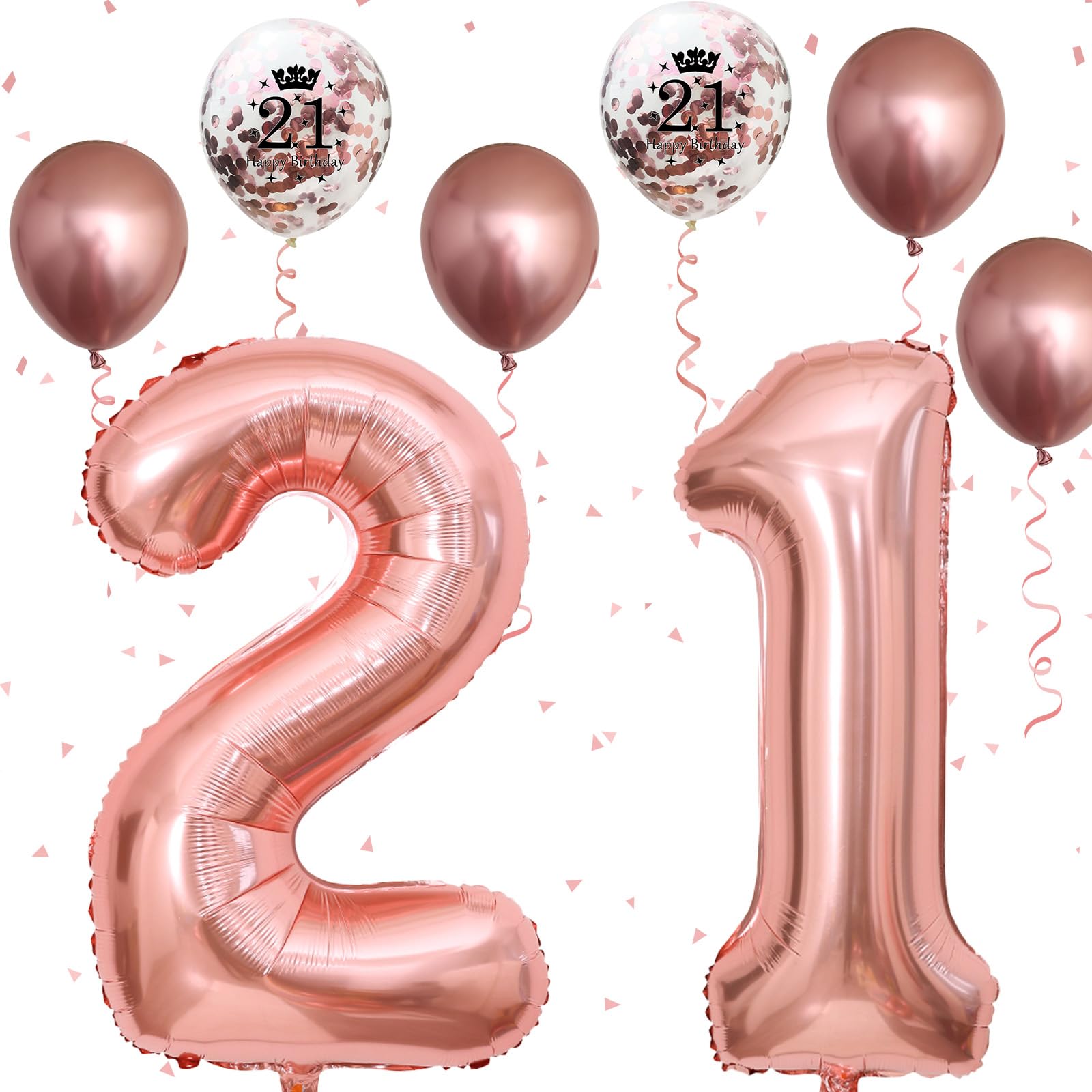 21st Birthday Balloons Rose Gold, Decorations for Him With Large Number 21 Foil Balloon, Confetti Metallic Latex Balloons for Her Girls 21 Years Old Bday Decor