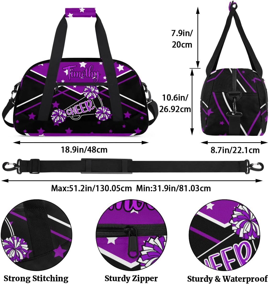 Personalized Cheer Bag Girl Sport Duffel Bag, Custom Kids Gym Bag, Customize Travel Duffle Bag with Name, Overnight Weekender Bags,Cheerleading Gift,Purples Black - Image 3