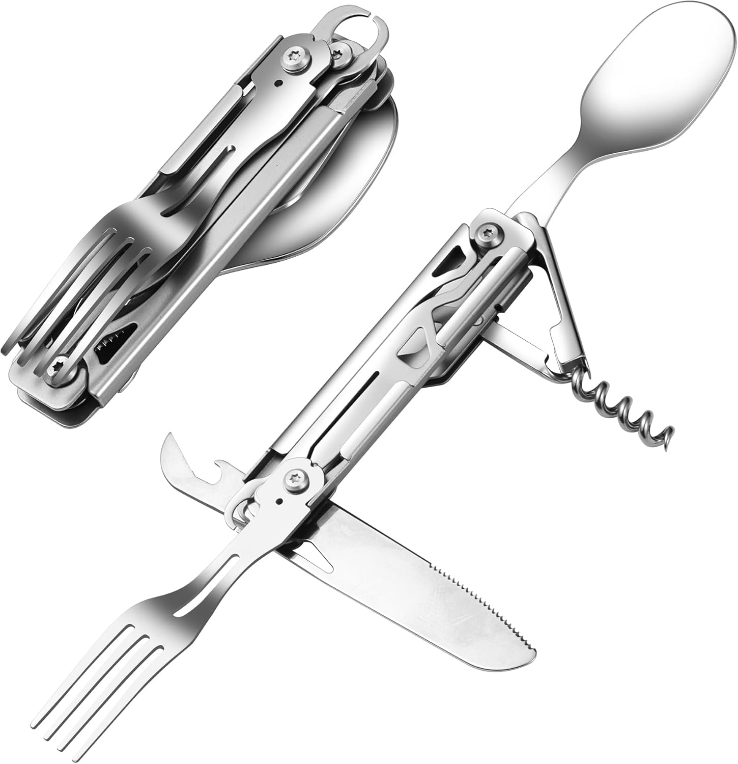 Tenting Utensils, 6-In-1 Removable Stainless Metal Tenting Flatware Multi-tool kits with Spoon Fork Knife Corkscrew Bottle&Can Opener, Folding Moveable Cutlery Set for Journey Climbing Picnic