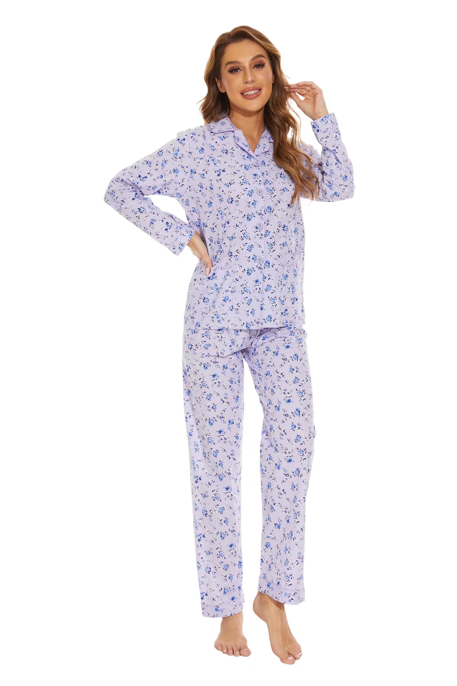 GLOBAL Ensemble de Pyjama pour Femme 100% Coton à Manches Longues et Boutons pour Femme Vêtement de Nuit Doux Respirant PJS