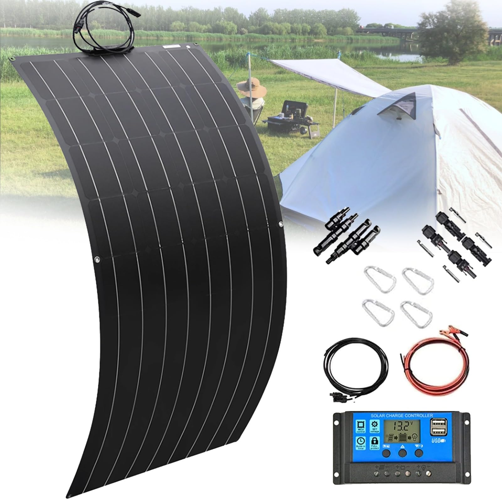 300W 600W 1200W Paneles Solares Placa Solar Flexible 18v Monocrystalline Panel Solar con 40A Controlador Ideal para Autocaravana,Caravana y Barco(300W)