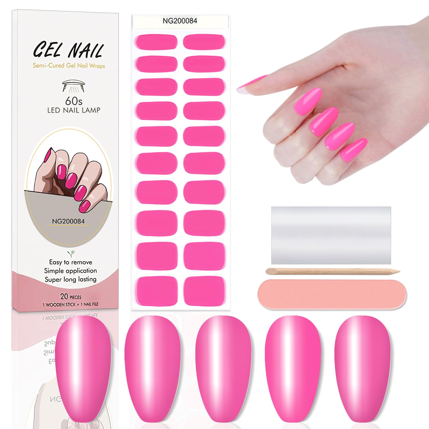WOKOTO 20 Pcs Hotpink Semi Cured Gel Nail Strips with Nail File & Wooden Stick Nail Polish Strips Gel Nail Stickers Full Nail Wraps for Women Girls