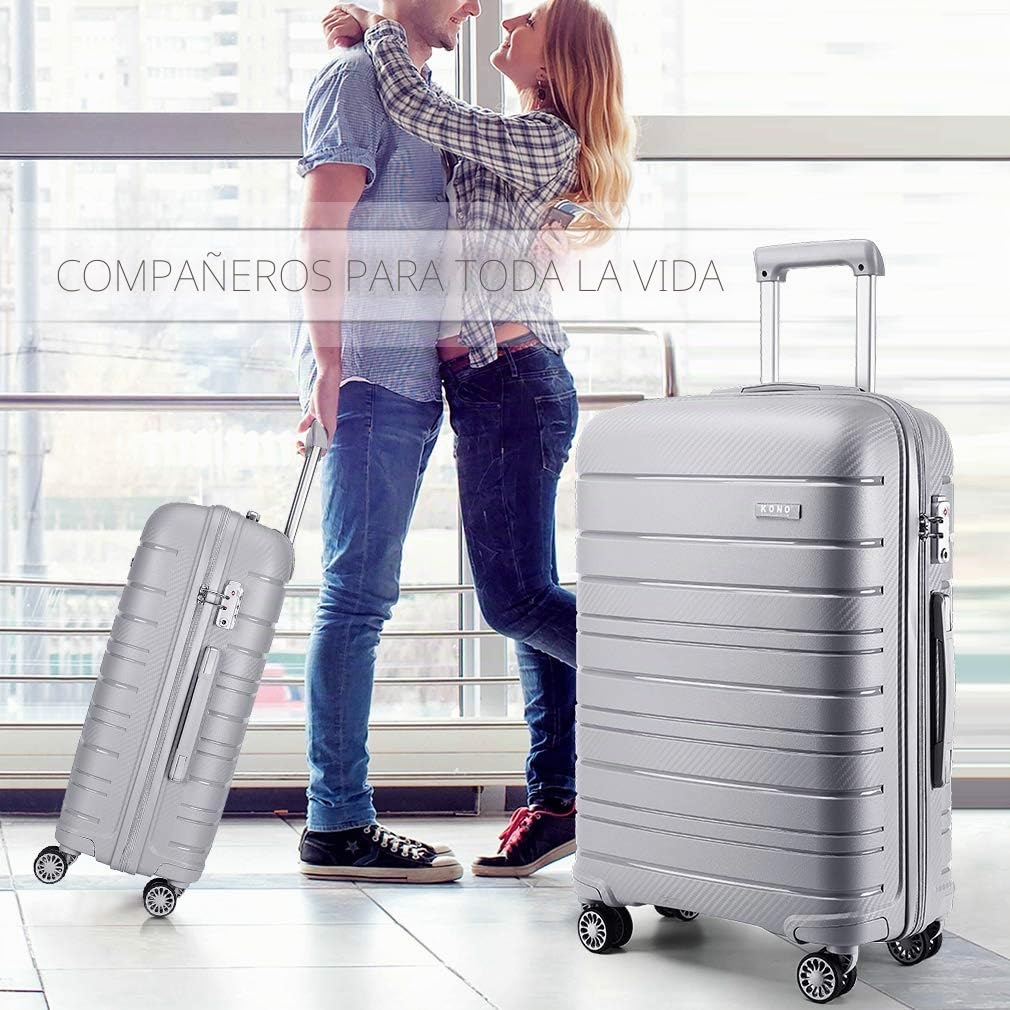 Kono Maletas de Viaje Cabina 4 Ruedas Equipaje de Mano Ligero de Polipropileno Maleta Mediana TSA y YKK con Cremallera Maletas Cabina Rígida 65C M66L (Gris)