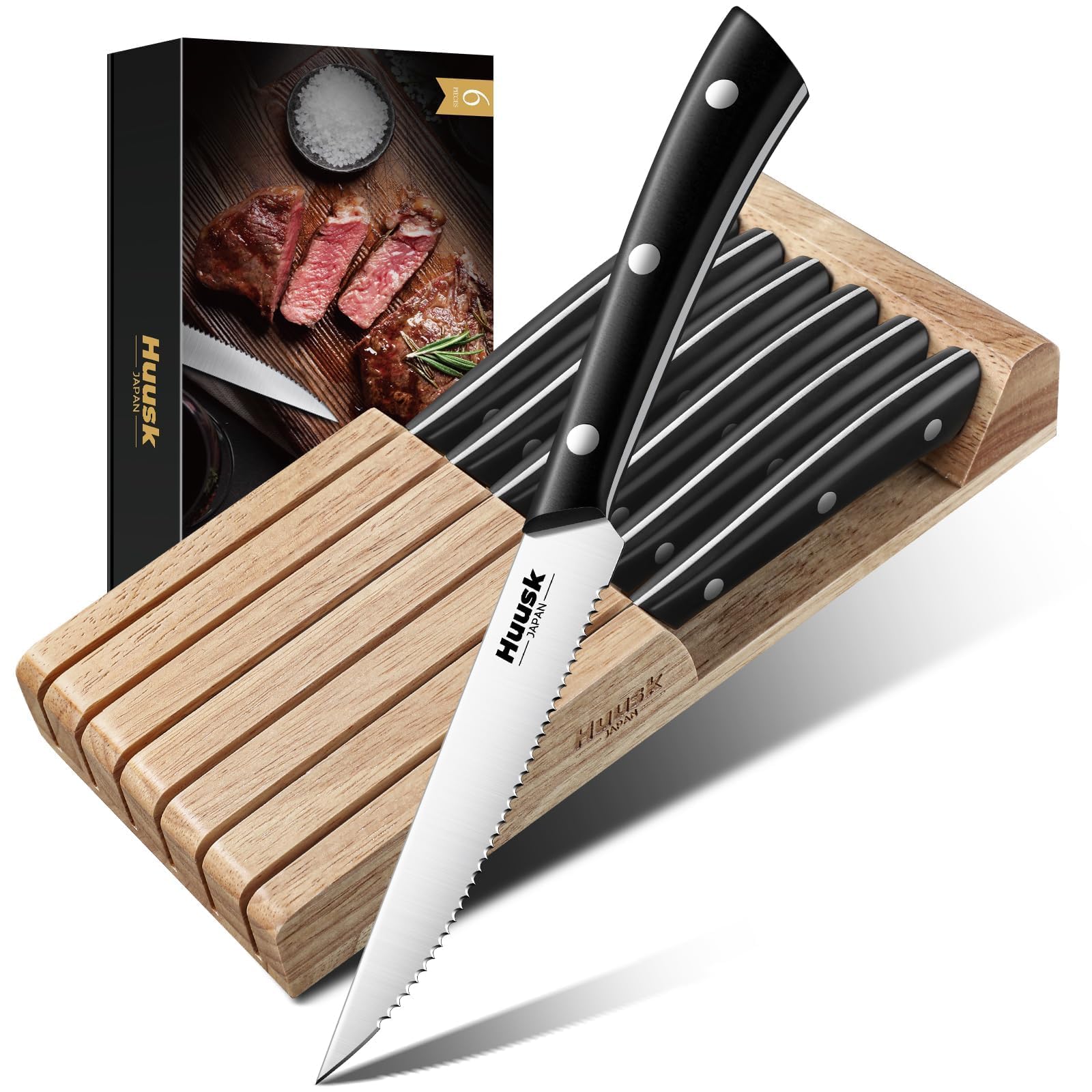 Huusk Steak Knives Set of 6 with Block, Sharp Serrated Steak Knives