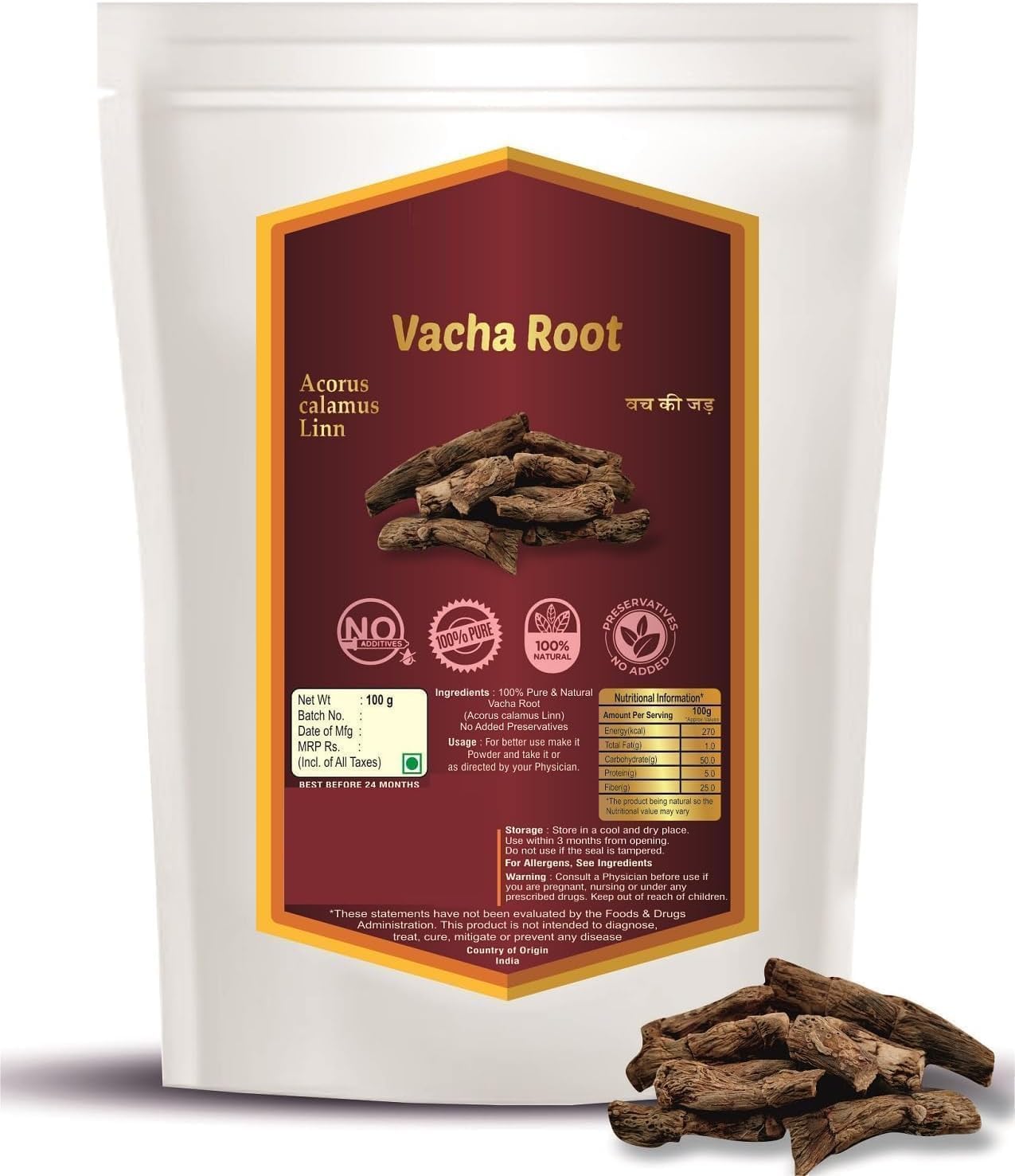 HS Acrous Calamus - 100 g (3.52 oz) - Vacha Root - Vach ki Lakdi - Vasakommu - Vasambu Stick - Root