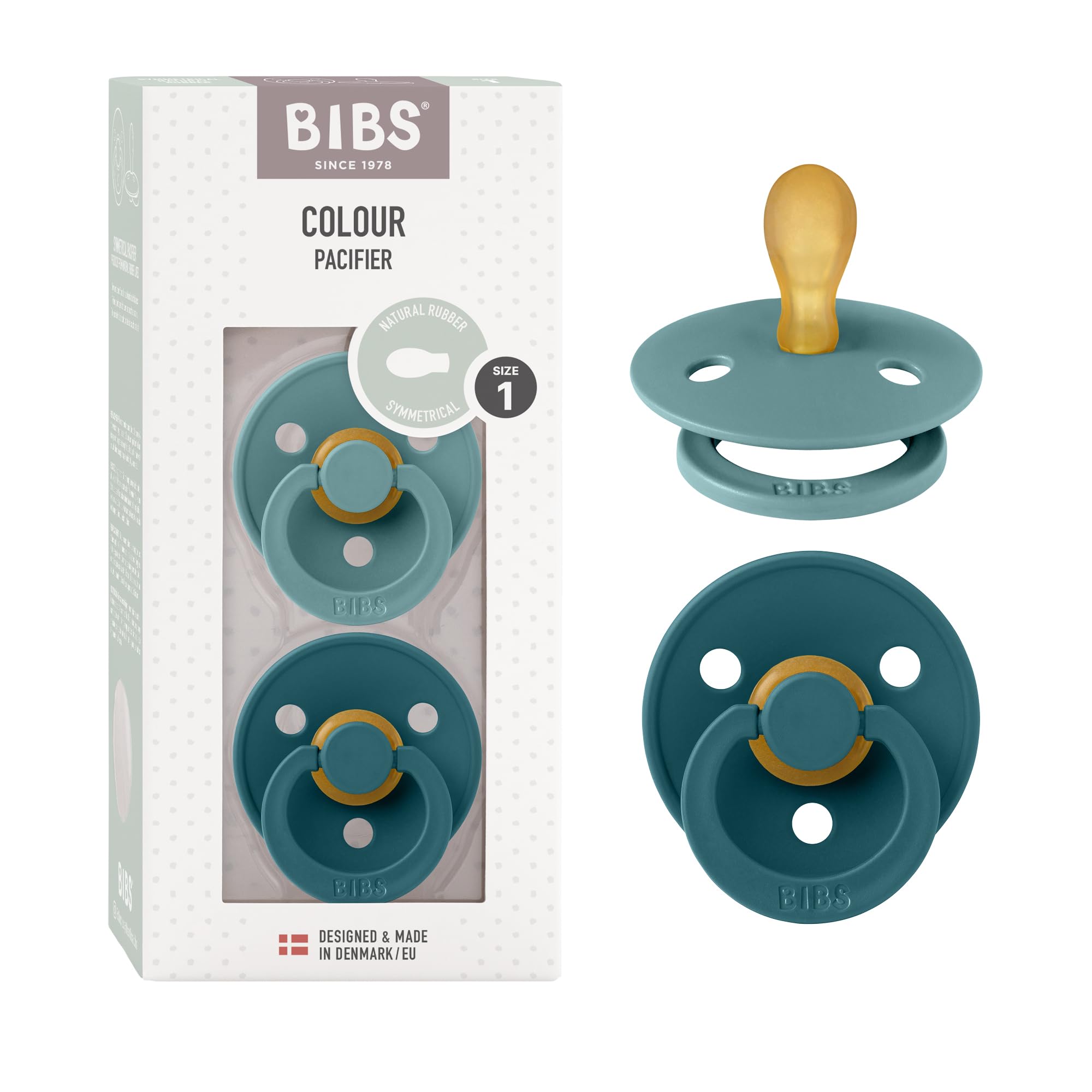 Smoczek BIBS z serii Colour, 2-pak, nie zawiera BPA, Symetryczny kształt gumowej główki. Lateks z kauczuku naturalnego, Wyprodukowano w Danii/EU, Rozmiar 1 (0-6 miesięcy), Island Sea/Forest Lake