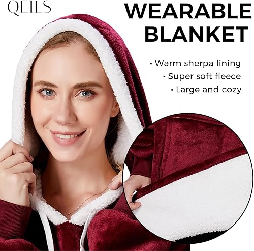 Miniatura 2 de Qeils Manta con capucha de gran tamaño, cómoda sudadera de sherpa (bolsillo grande, borgoña, adulto)
