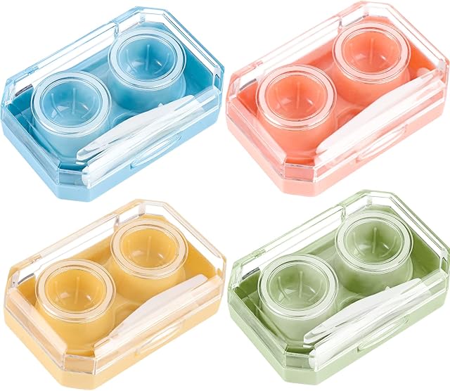 Medo 4 Pack Contact Lens Cases, Contact Lens Box Portable Left/Right Eyes Contact Lens Holder Box with Tweezers Wearing Stick for Business and Travel