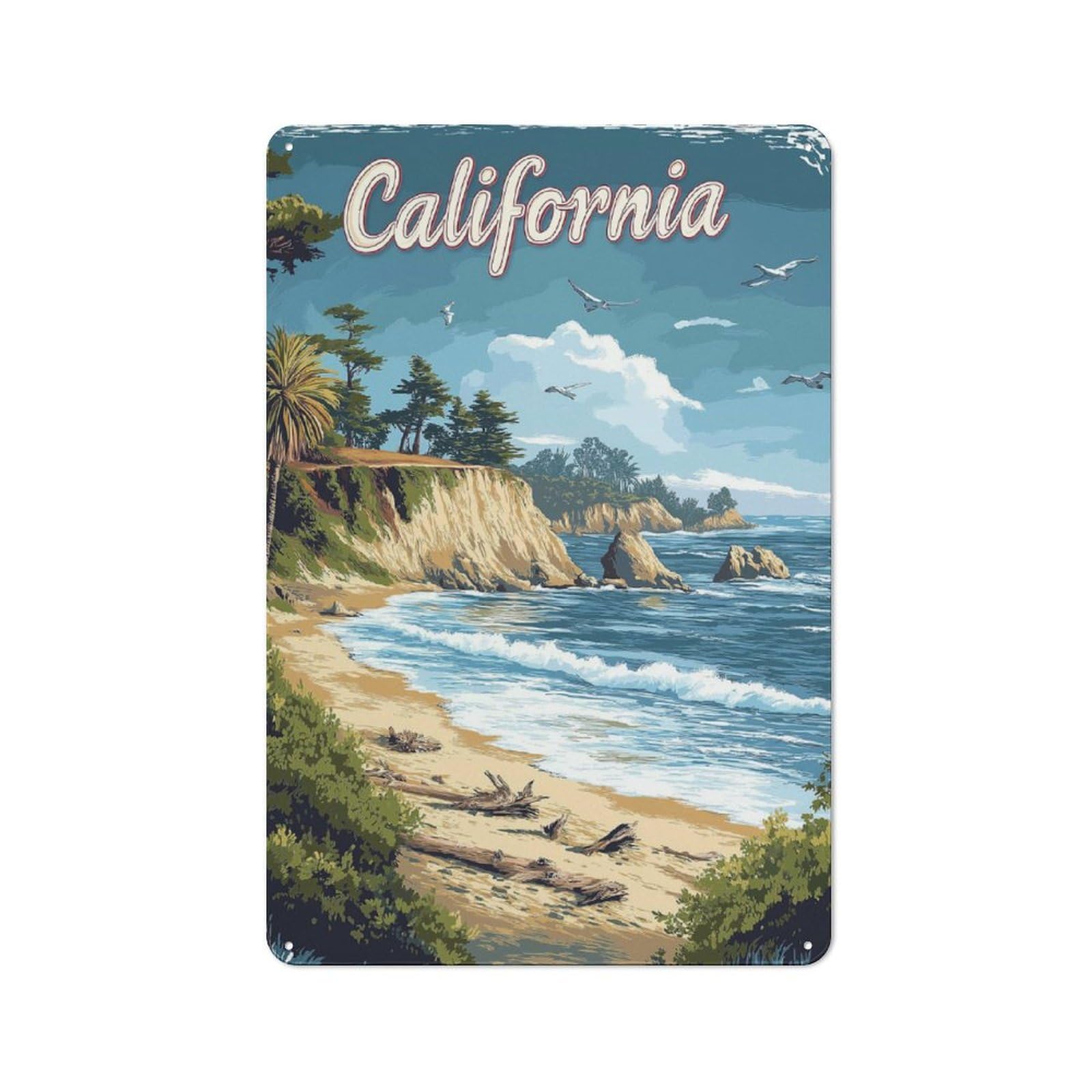 Junmoney Style-3 California Beach Coastline Travel Decorative Tin Sign 30X20cm, Distressed Look Vintage Wall Decor For Lounge, Study, Pub Or Wall Gallery