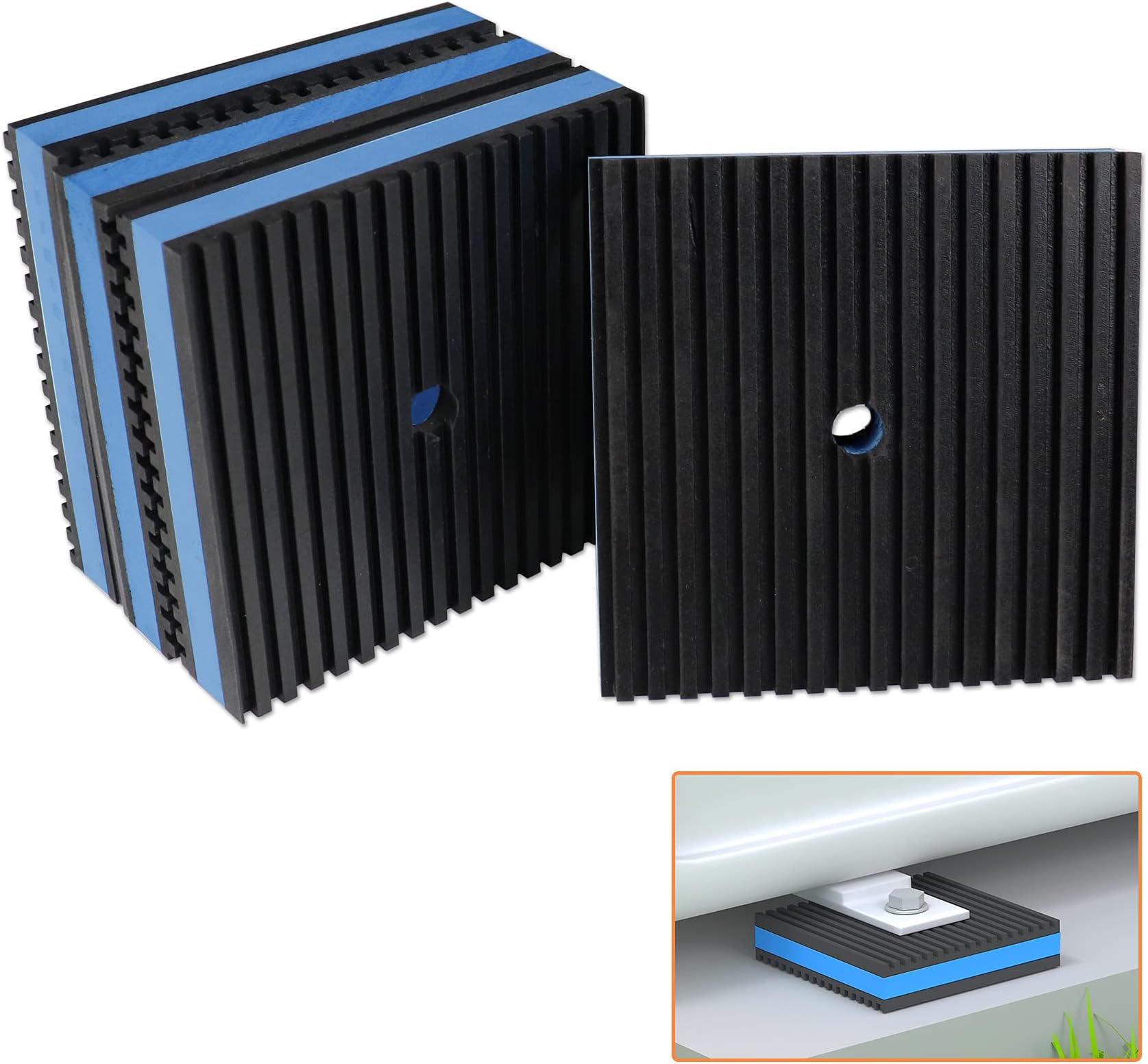 GCGOODS Rubber Anti-Vibration Pad, 4" x 4" x 7/8" Heavy Duty Ribbed Rubber with Blue EVA Center Isolation Pads for HVAC, Air Compressor, Treadmill, Washer and Dryer, Air Conditioner Units, Pack of 4