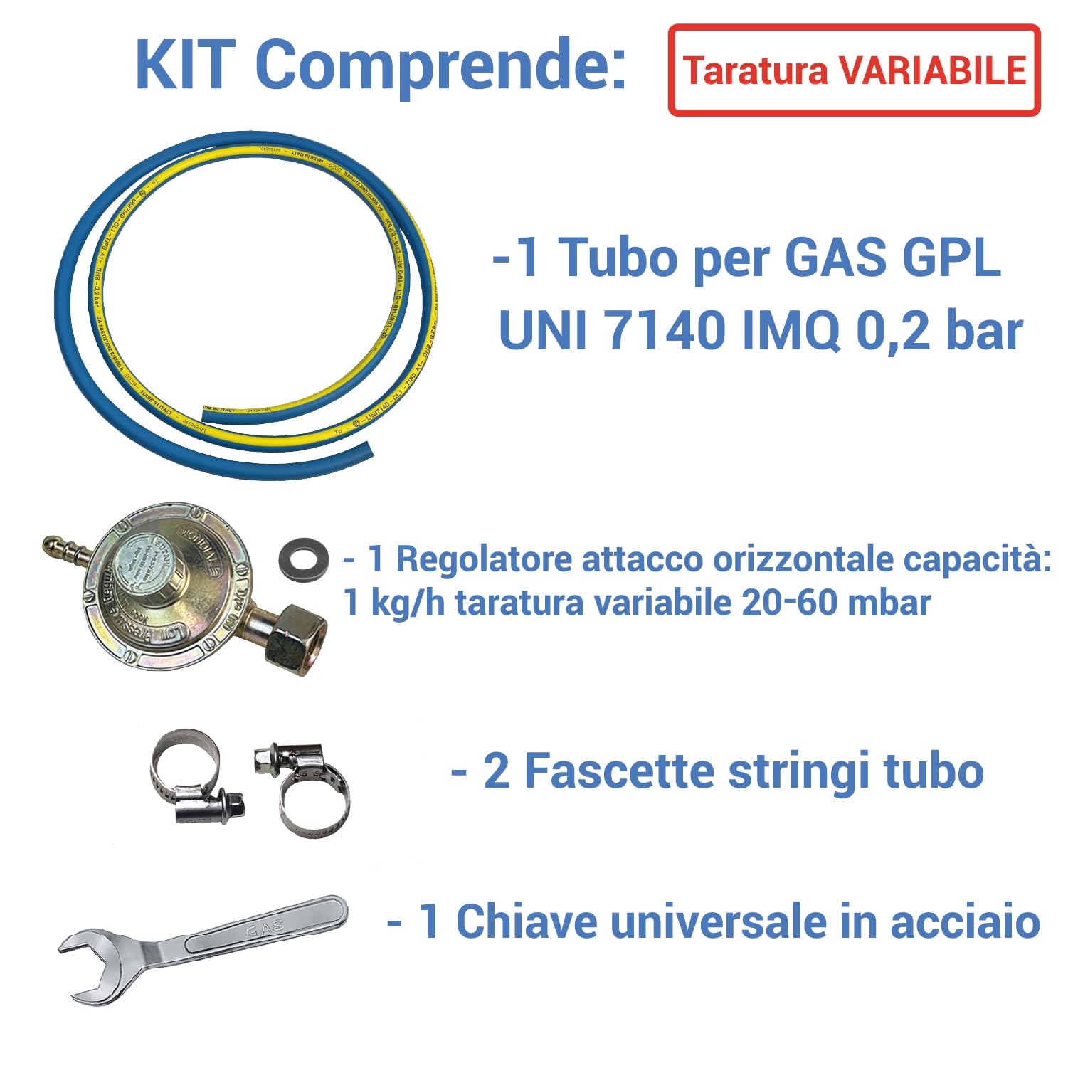 Crisalide®- Kit Tubo REGOLATORE Professionale 4 pz (Gas, Gpl) Cucina, Barbecue, Stufa: 1 Tubo+1 Regolatore+2 Fascette+1Chiave: Omologato 7140 IMQ Pressione 20/60 Bar, Made in Italy (Variabile)
