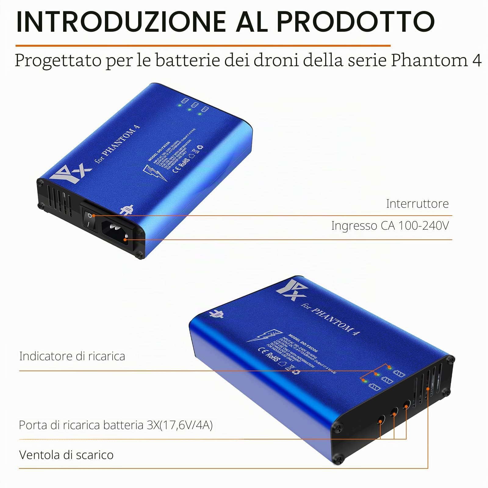 Caricabatterie per DJI Phantom 4 Advanced/Pro Drone, Caricatore,Ricarica 3 Batterie, Stazione di Ricarica Carica Batteria Accessori