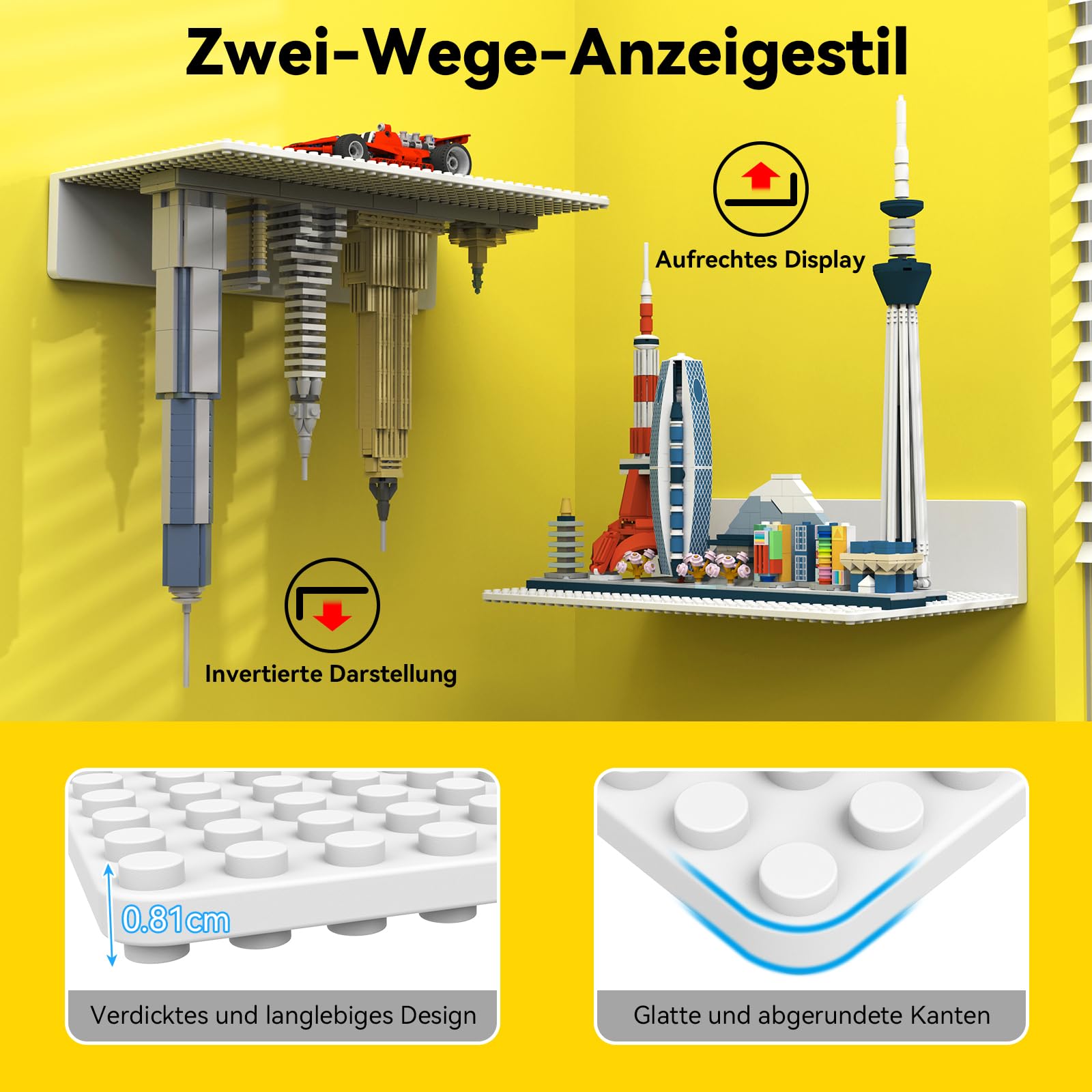 4er-Set Wandregal Bausteine Regal Groß, ABS Schweberegal & Wandboards | 28,7x16cm mit beidseitig 36x20 Noppen, Vitrine & Display für Baustein, Weiß