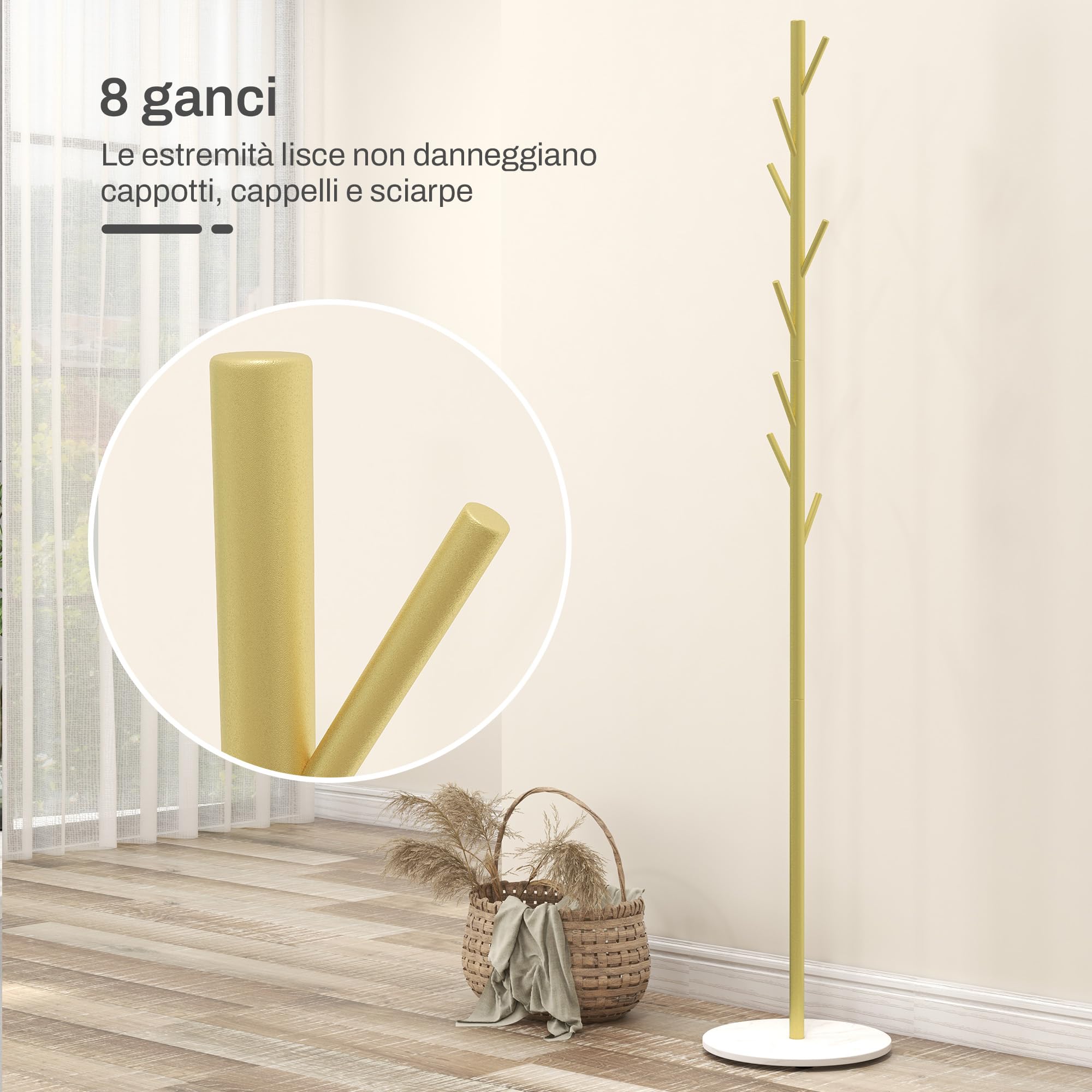 HOMCOM Appendiabiti da Terra Autoportante con 8 Ganci Ø32 x 164 cm Dorato | Base in Marmo, Attaccapanni in Acciaio, per Ingresso e Camera