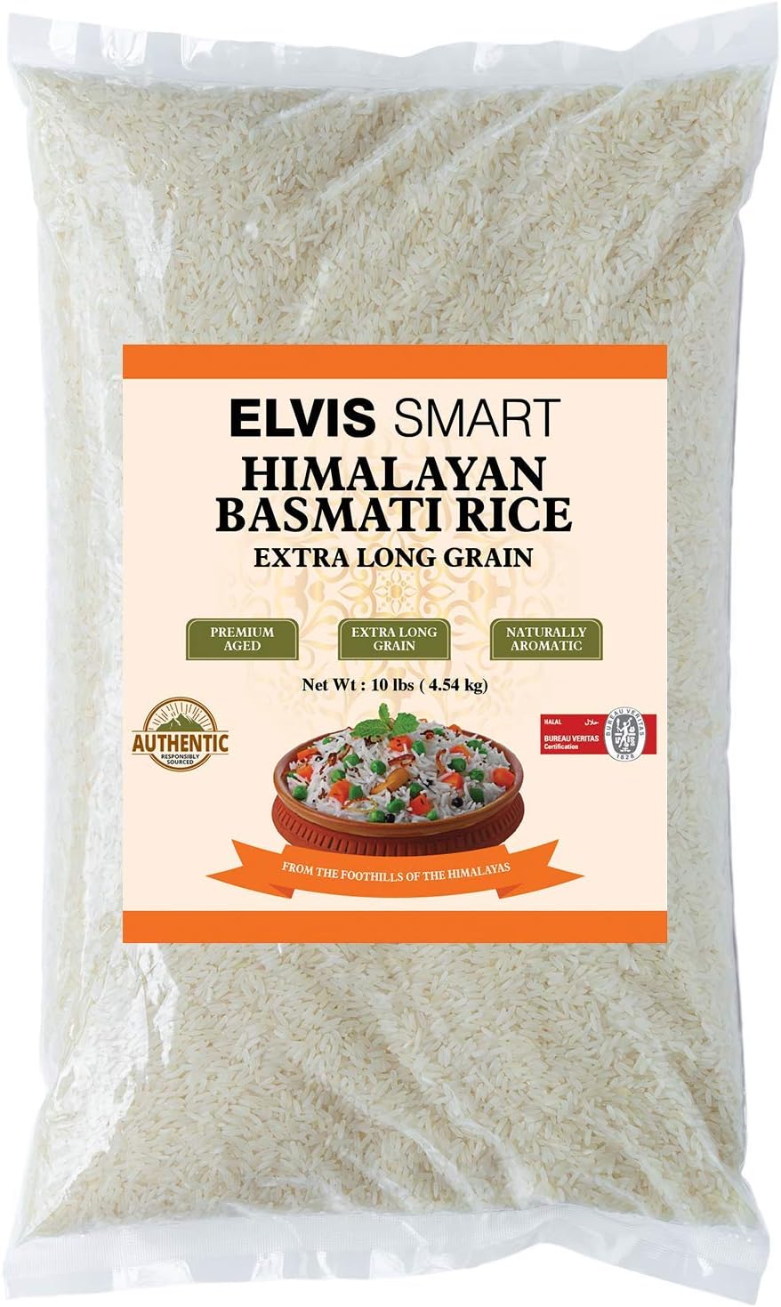 Himalayan White Basmati Rice-Naturally Aged, Double Polished, 10 LBS Bag