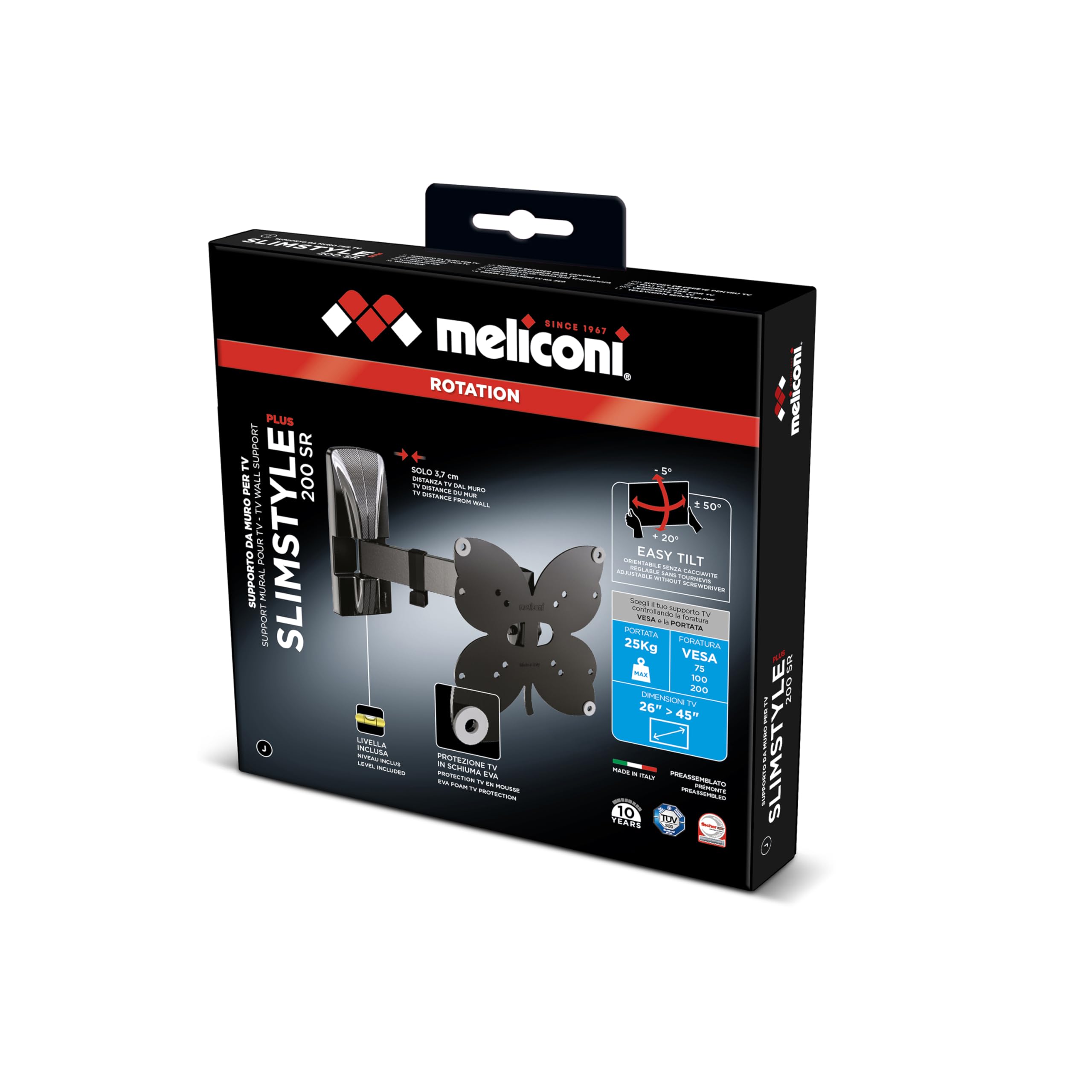Meliconi Slimstyle Plus 200 Sr, Supporto Con Braccio Ultra Sottile Da Parete Per Tv A Schermo Piatto Da 26’’ A 40’’, Orientabile Orizzontalmente E Verticalmente Vesa 100X100, 200X200, Nero