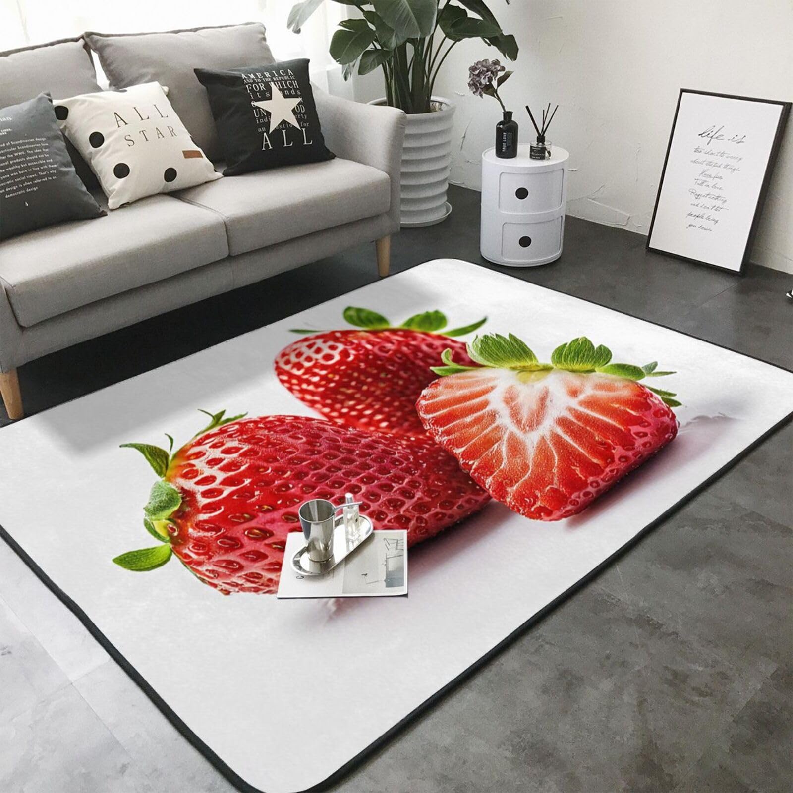 Fresh Strawberry Print Living Room Anti Slip and Absorbent Carpet, Indoor Bedroom Bed Floor Mat, Ultra Soft Washable Carpet 80x58 in