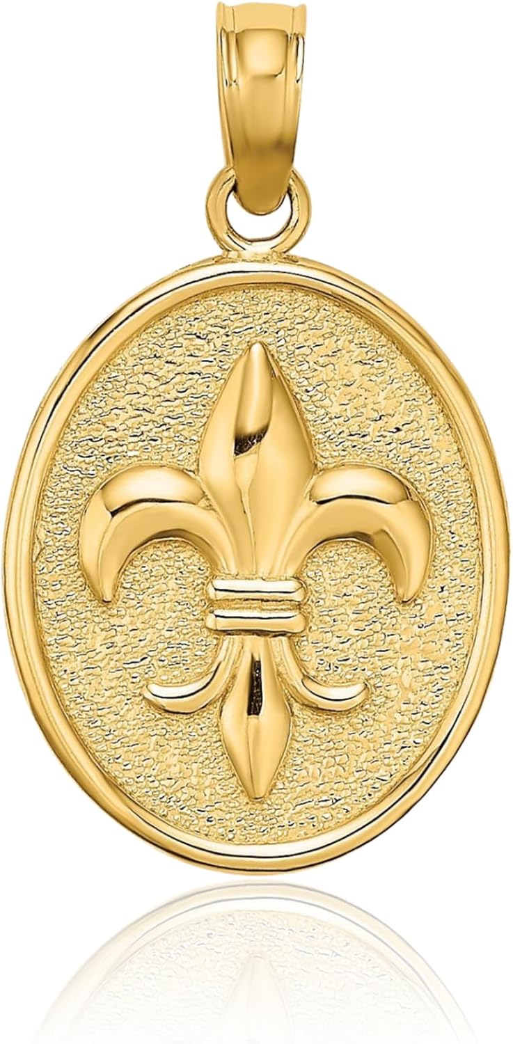 IceCarats 14K Solid Yellow Gold Medium Fleur De Lis Oval Medal Pendant Necklace 19mm 3/4 inch Polished, Textured, Matte for her