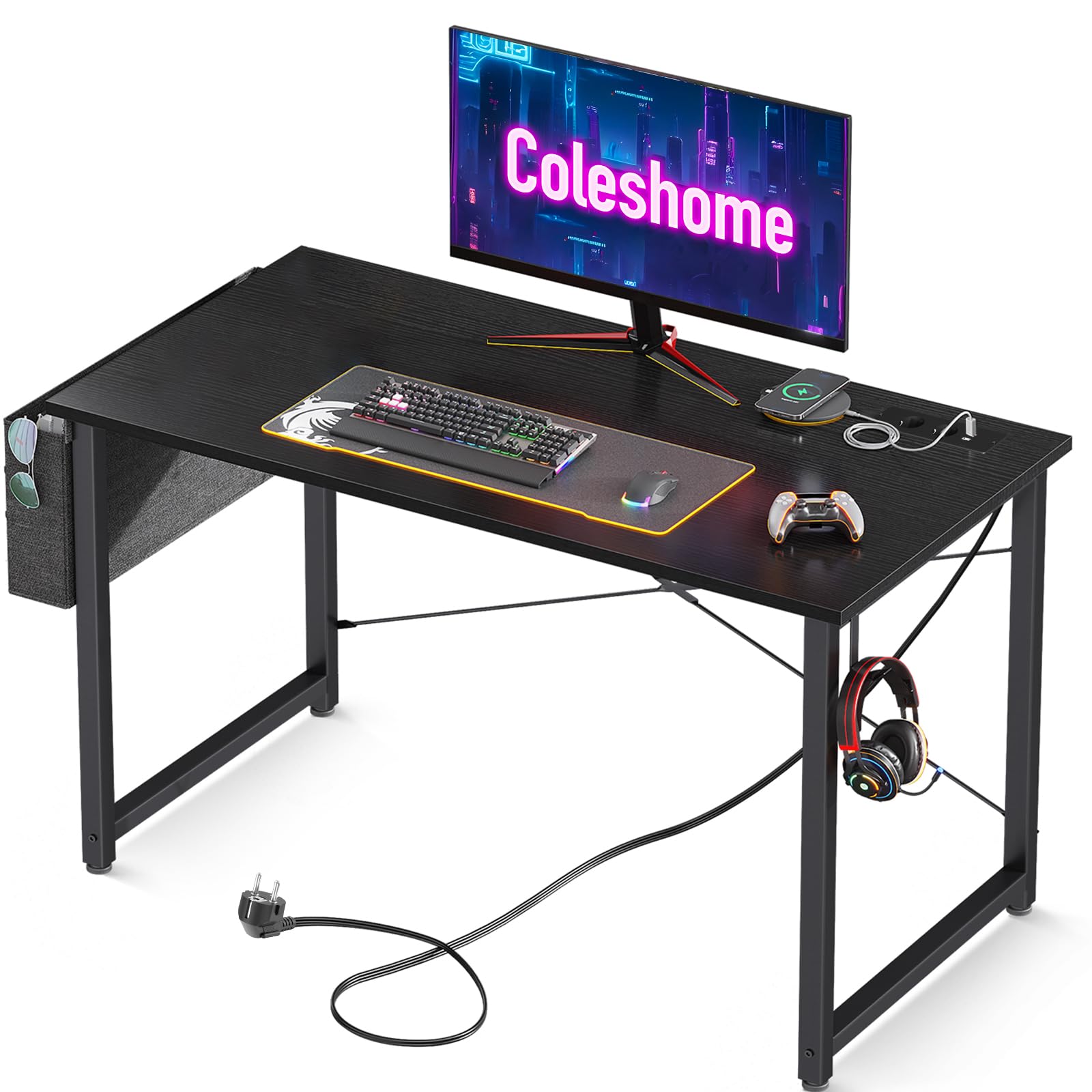 Coleshome Escritorio Pequeño, 100x48cm Mesa Ordenador Blanco con con 2 Tomas de Corriente y 2 Puertos USB de Carga, Mesa de Oficina con Soporte para Auriculares y Bolsa de Almacenaje para Casa, Negro