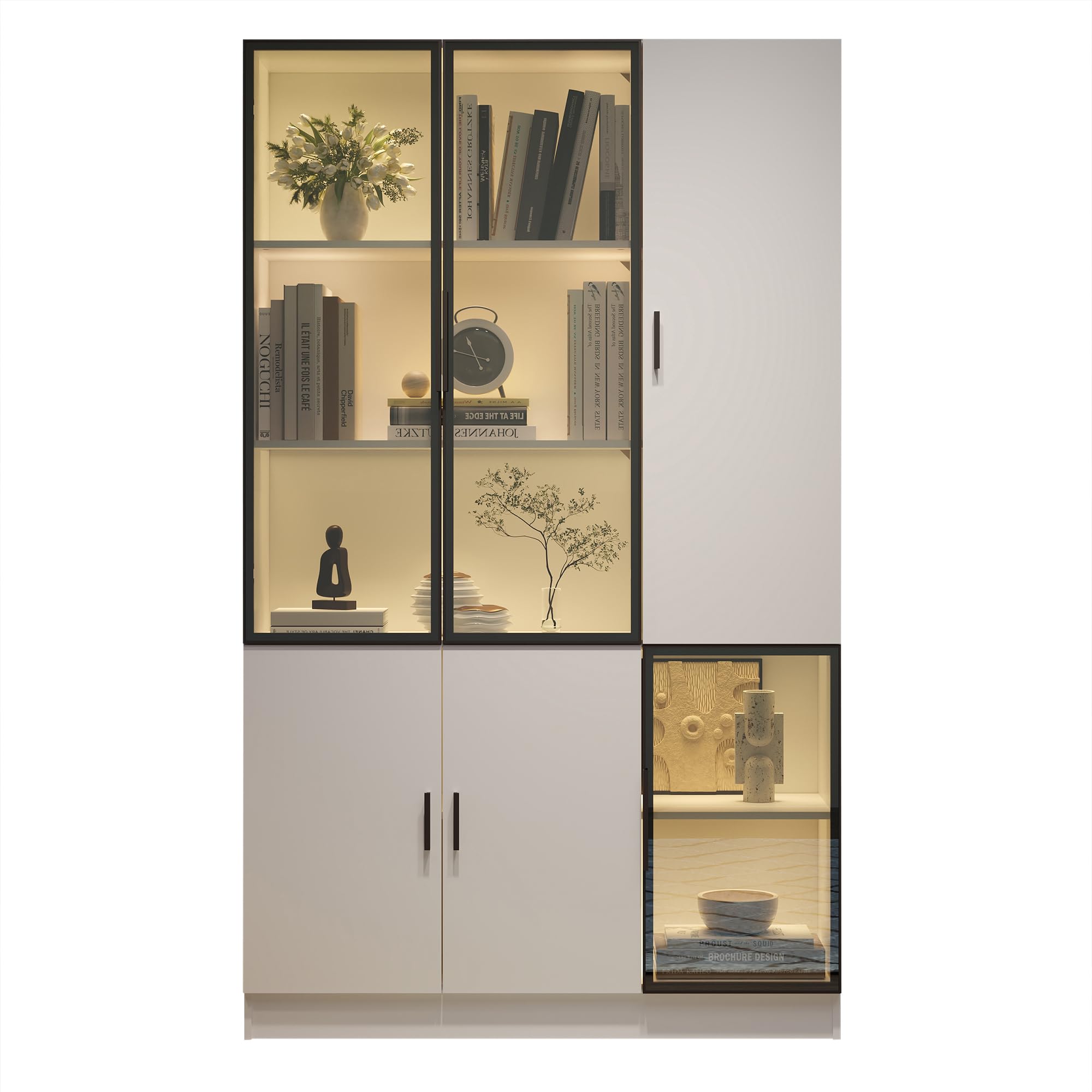 Vetrina moderna in vetro con LED, armadio alto bianco, legno e alluminio, 120 x 35 x 200 cm, 3 ante in vetro, per soggiorno, camera da letto, ufficio
