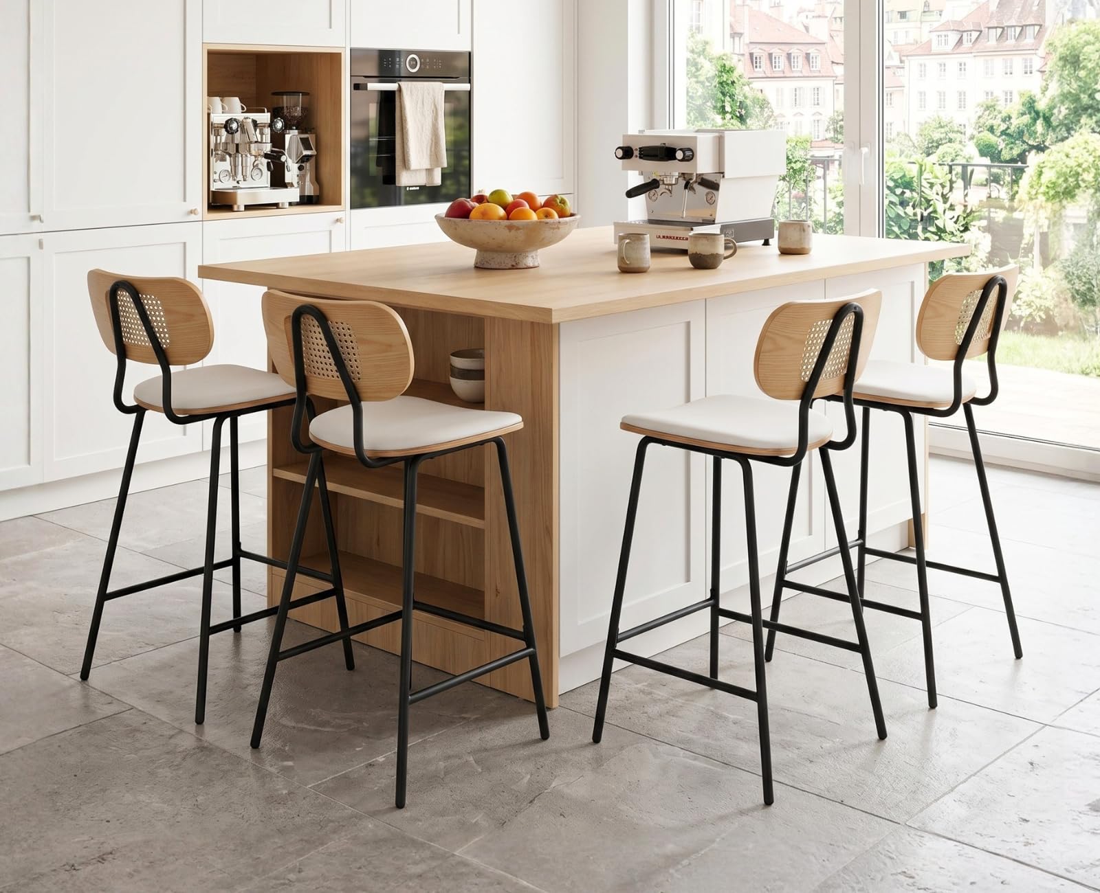 chairus Juego 2 de Taburetes Bar con Asiento de Polipiel Sillas Barra con Respaldo Ratán, Taburetes Bistró Modernos con Patas de Metal para Isla de Cocina, Blanco