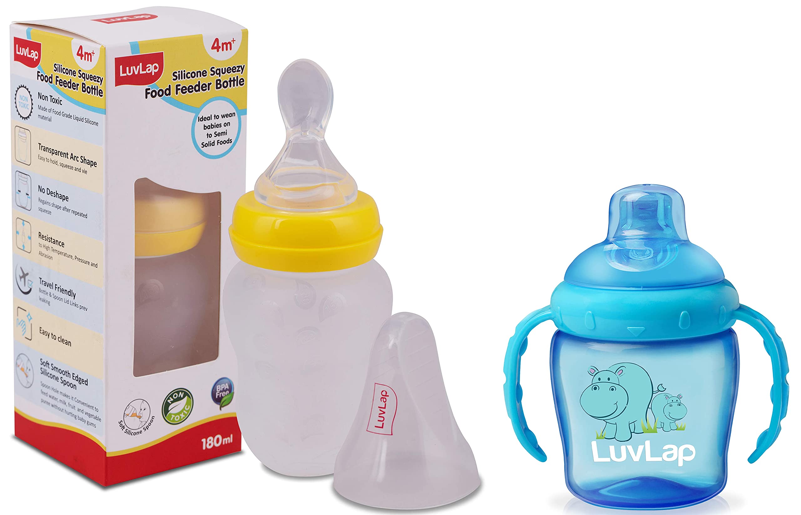 LuvLap Feeding Spoon with Squeezy Food Grade Silicone Feeder Bottle, for Infant Baby, 180ml, BPA Free & LuvLap Hippo Sipper Blue-image-4